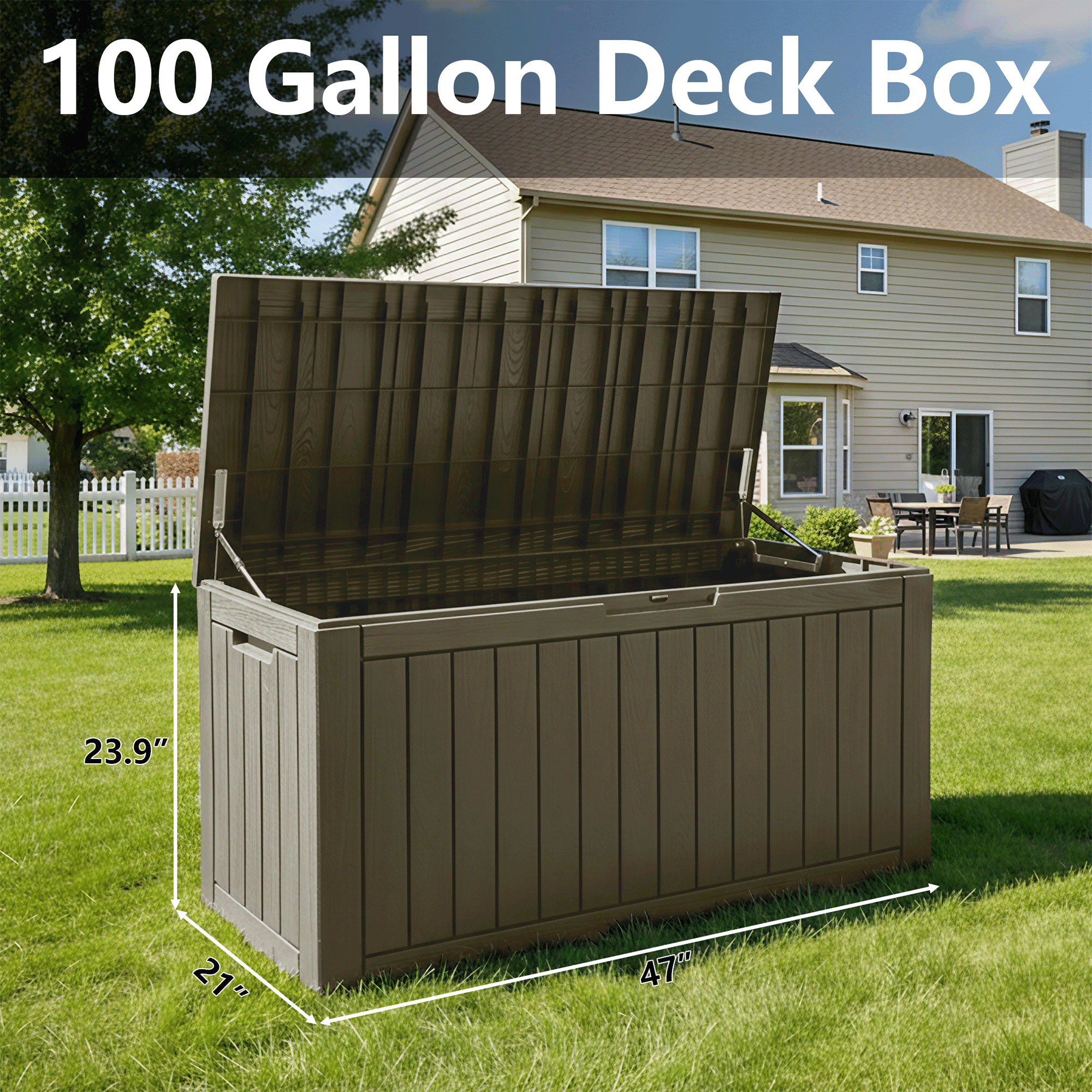 Bifanuo 100 Gallon Resin Deck Box, Waterproof Outdoor Storage Container for Patio Furniture Cushions (Grey, 47 in x 21 in x 24 in) shpa0
