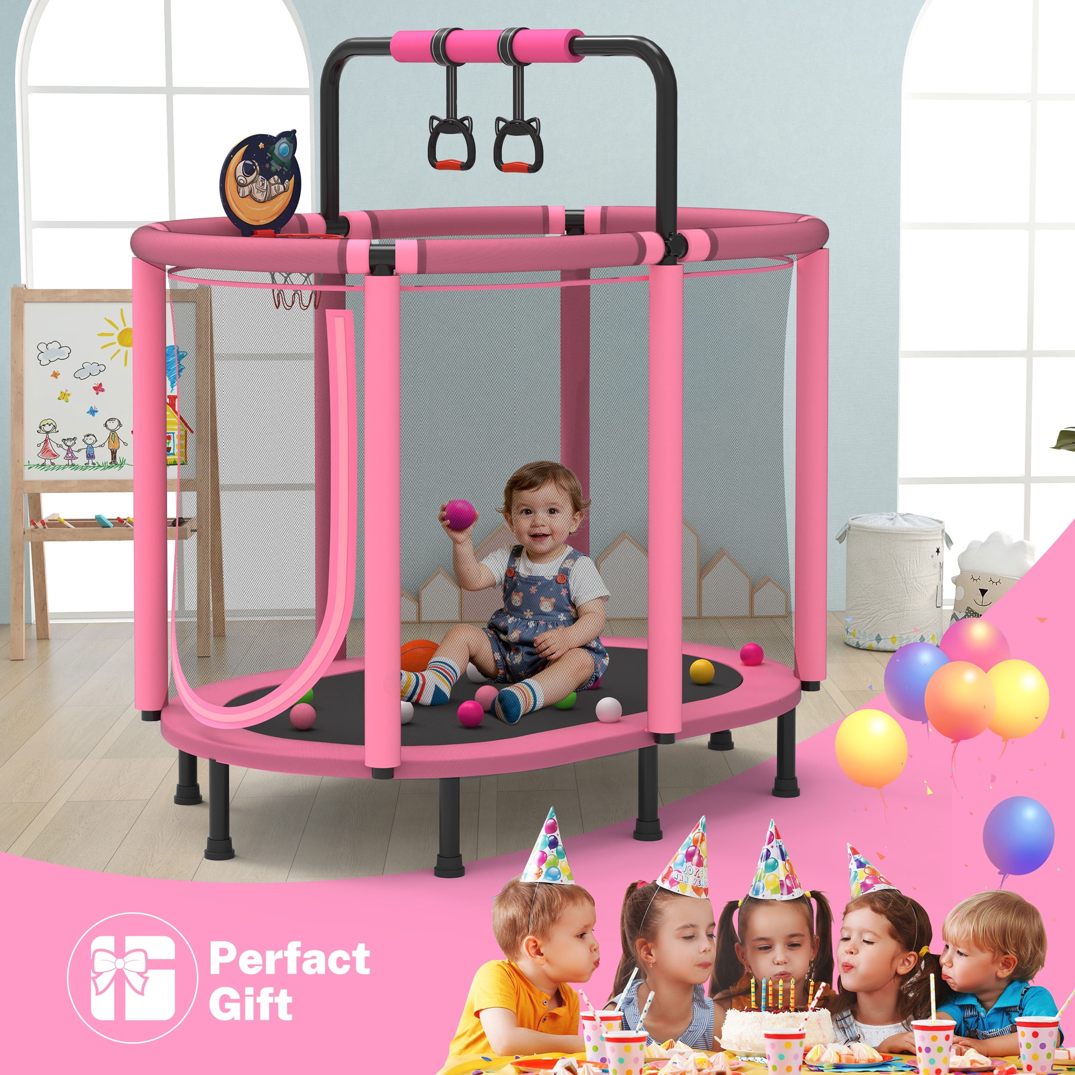SHINPT 60 in Kids Trampoline with Enclosure Net, Basketball Hoop, and Gymnastic Bar (Pink, 60 in) n5r0i