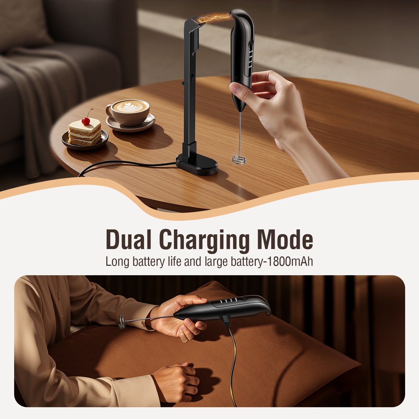 Skdwakiz Electric Milk Frother Handheld Rechargeable Wand with 3 Whisks, LED Display & Magnetic Stand (Black, 1 Unit) 5heaa