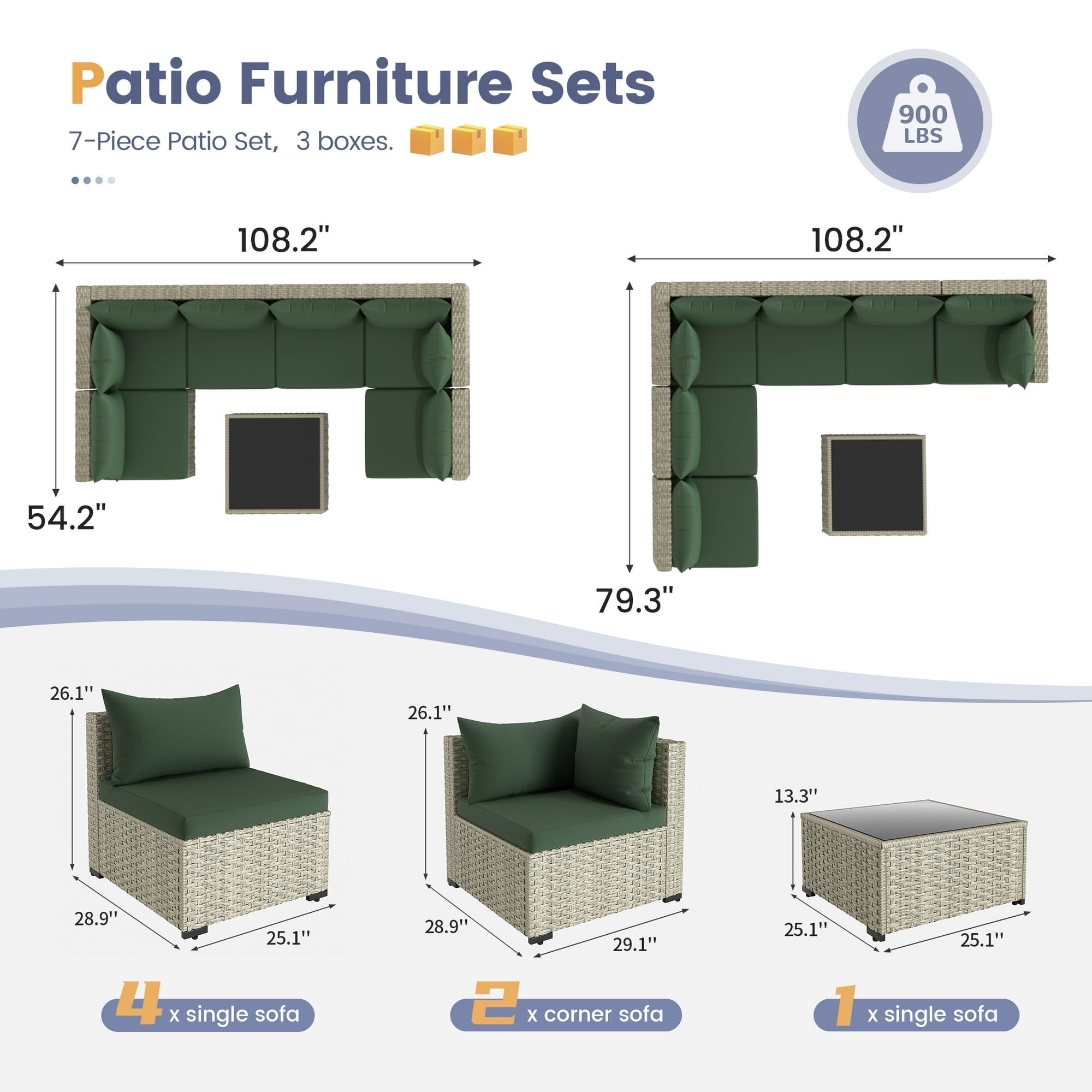UDPATIO Modular Rattan Outdoor Patio Furniture Set, Weather-Resistant Wicker Sectional Sofa with Cushions (Green, 5-Piece Set) 1kutj