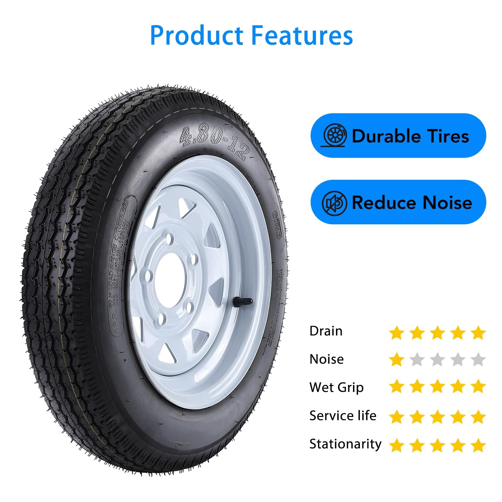 GARVEE 4.80-12 Trailer Tires with 12 in Rims (Set of 2, 5 Lug on 4.5 in, Load Range C, 6PR) qyz6e