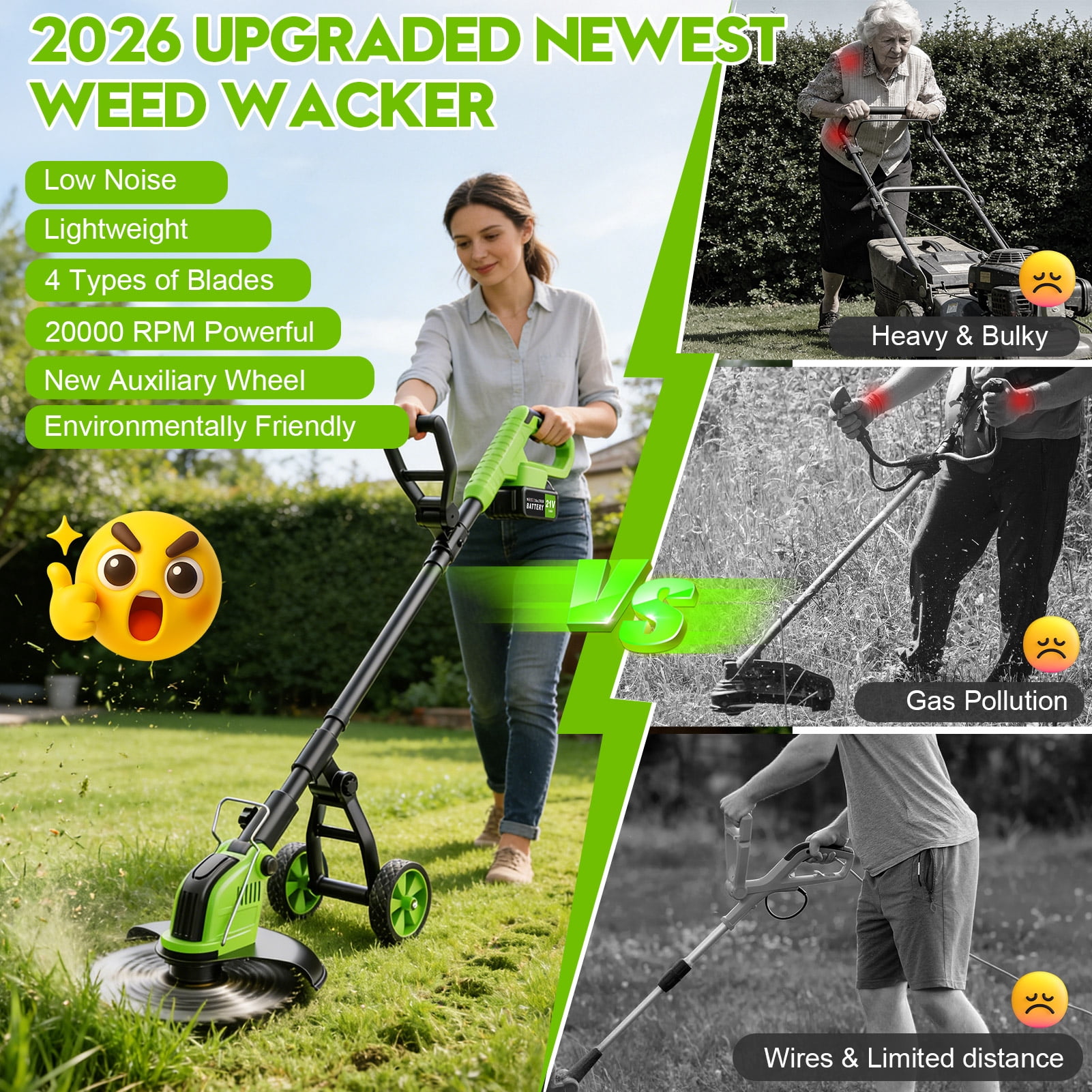 Fovendi Electric Weed Eater, 4-in-1 Cordless Grass Trimmer and Brush Cutter with Wheeled Support (Green, 12 in) 7q6mq