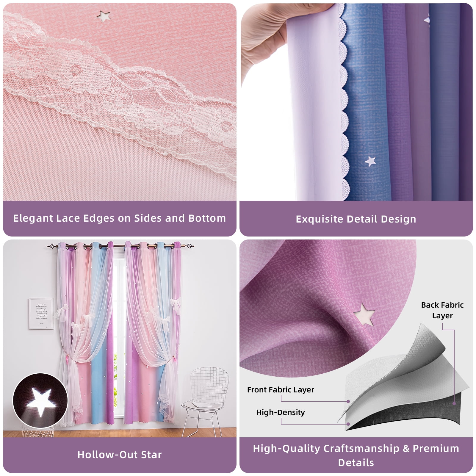 CshidWorld Blackout Curtains for Girls Bedroom, Double Layer Star Cut Out Drapes with Sheer Tulle Overlay (Pink, 52 in x 63 in, 2 Panels) 42w51