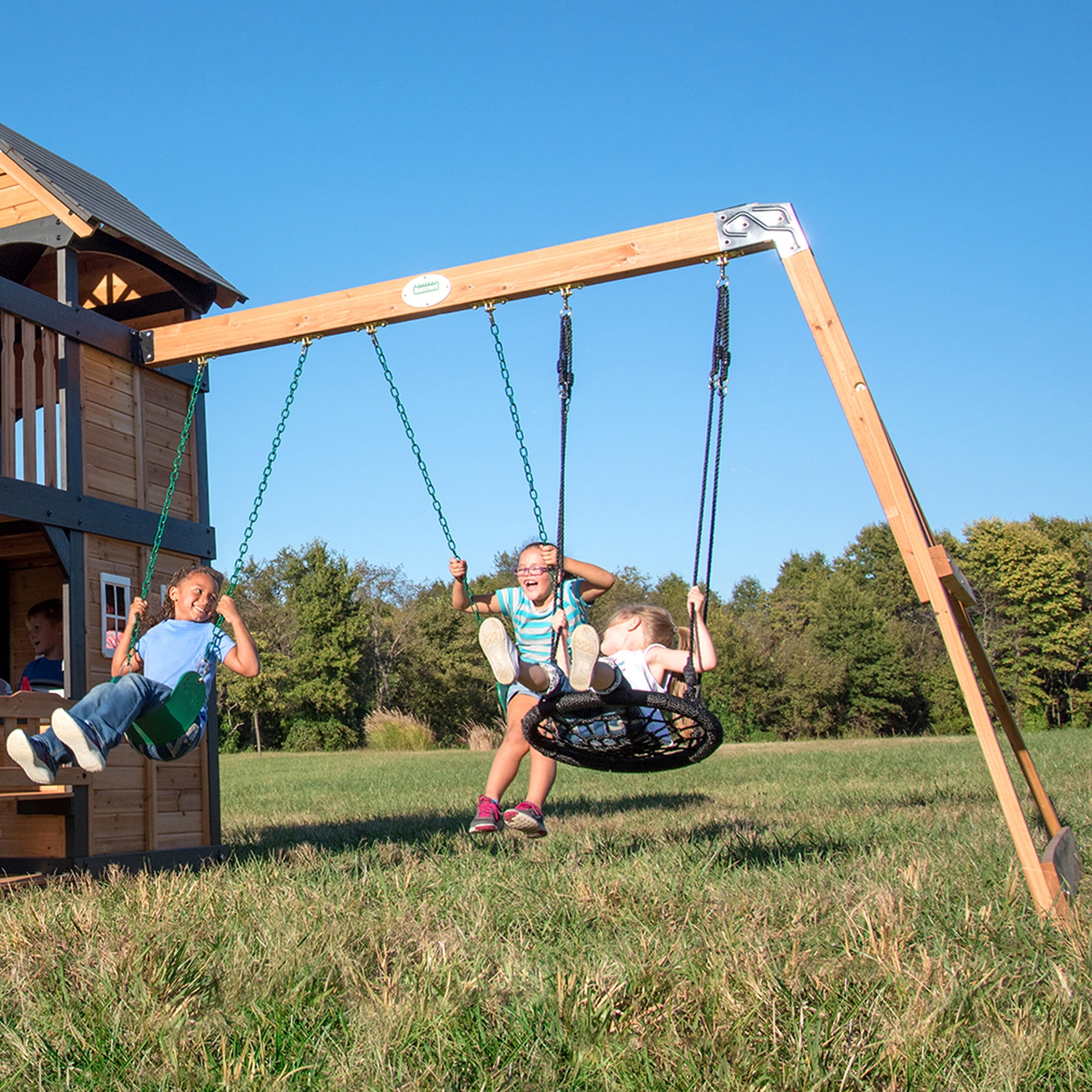 Backyard Discovery Canyon Creek Cedar Wood Swing Set with Slide, Clubhouse, and Rock Wall (Brown, 11-Child Capacity) 0hwjp