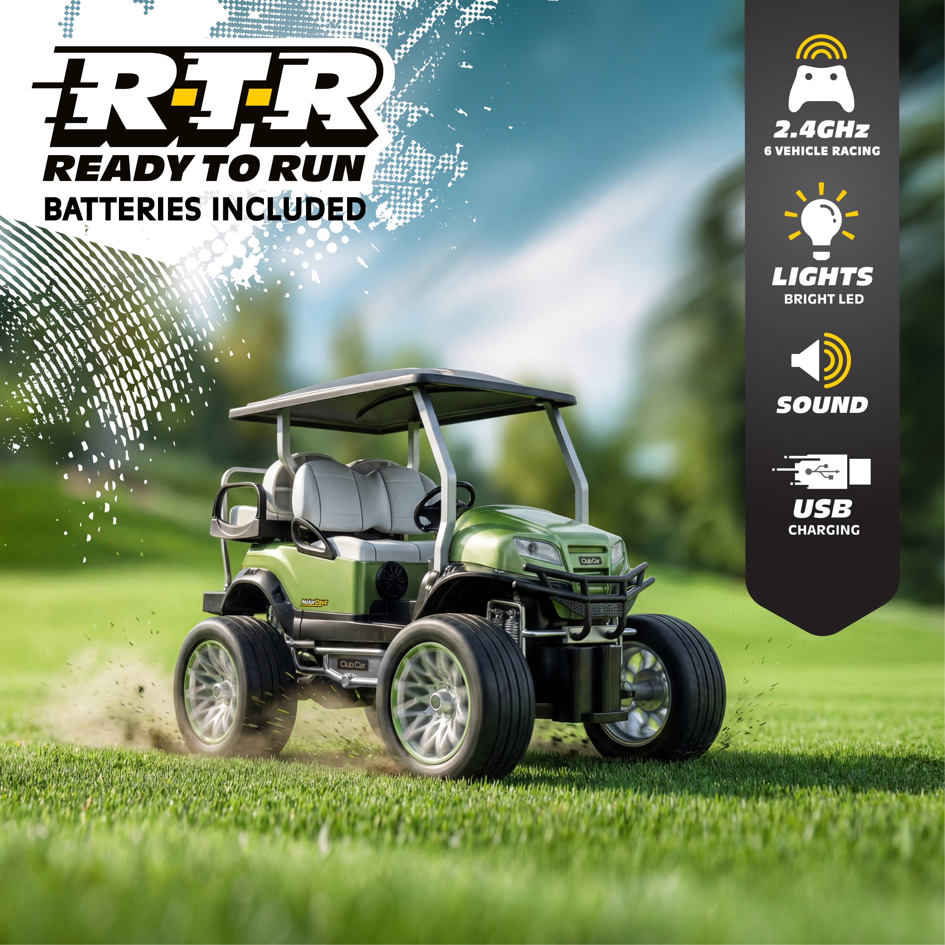MotorDayz Radio Control Golf Cart Toy with Bluetooth Speaker and Working Lights (Green, 1:15 Scale) av5wz
