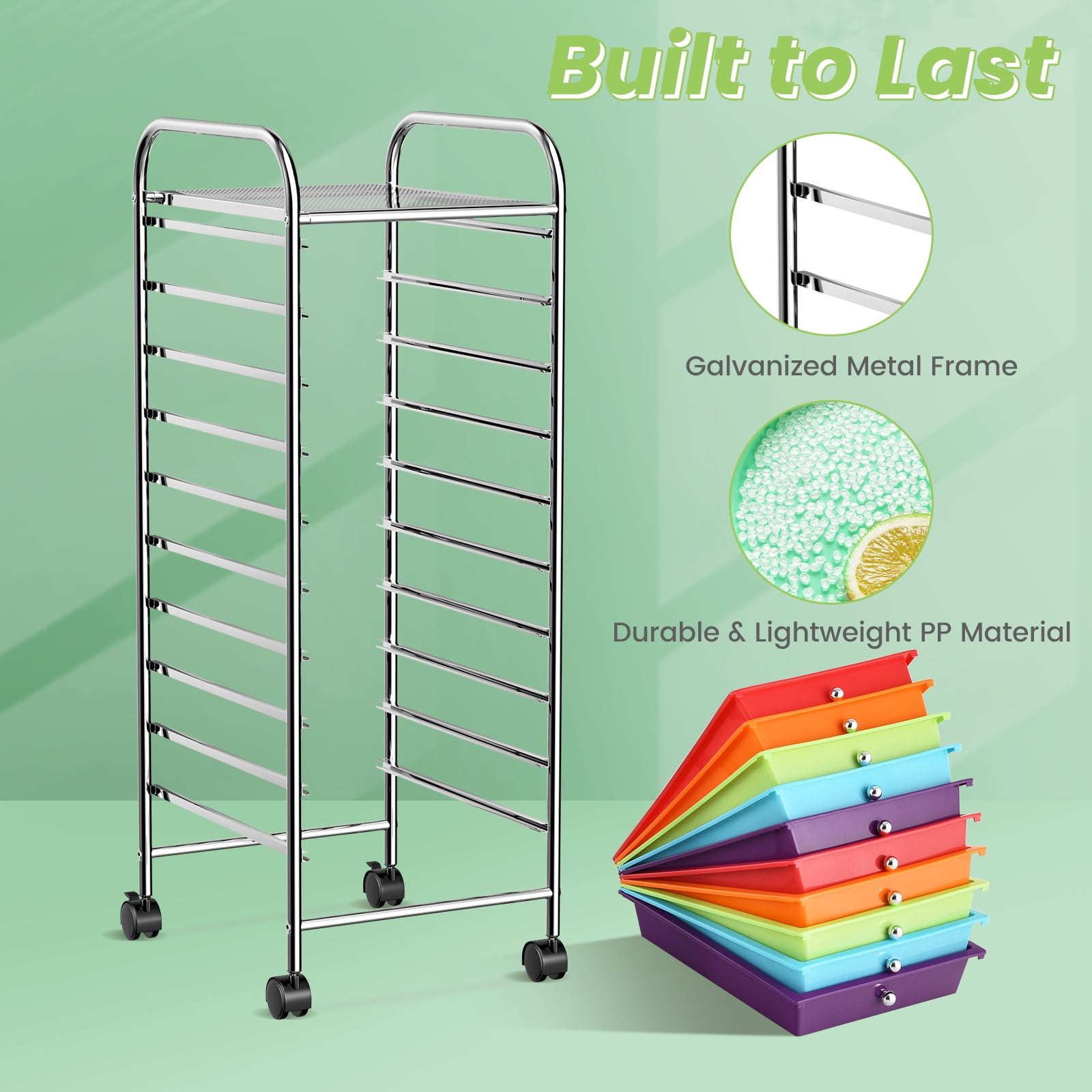 Costway Rolling Storage Cart with 10 Drawers, Mobile Organizer for Office and School (Multicolor, 38 in x 15 in x 13 in) 2wfoq