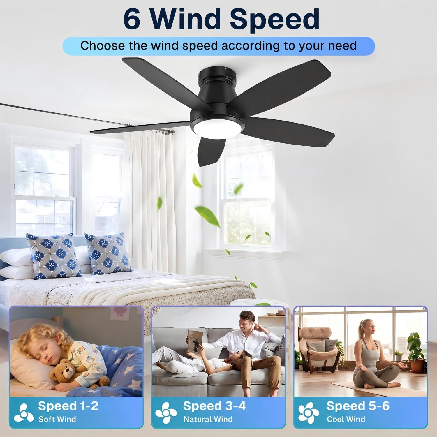 Behome 42 in Low Profile Ceiling Fan with Lights, Remote and APP Control, Reversible Blades, 6-Speed Flush Mount (Black/Walnut, 42 in) ki2d8