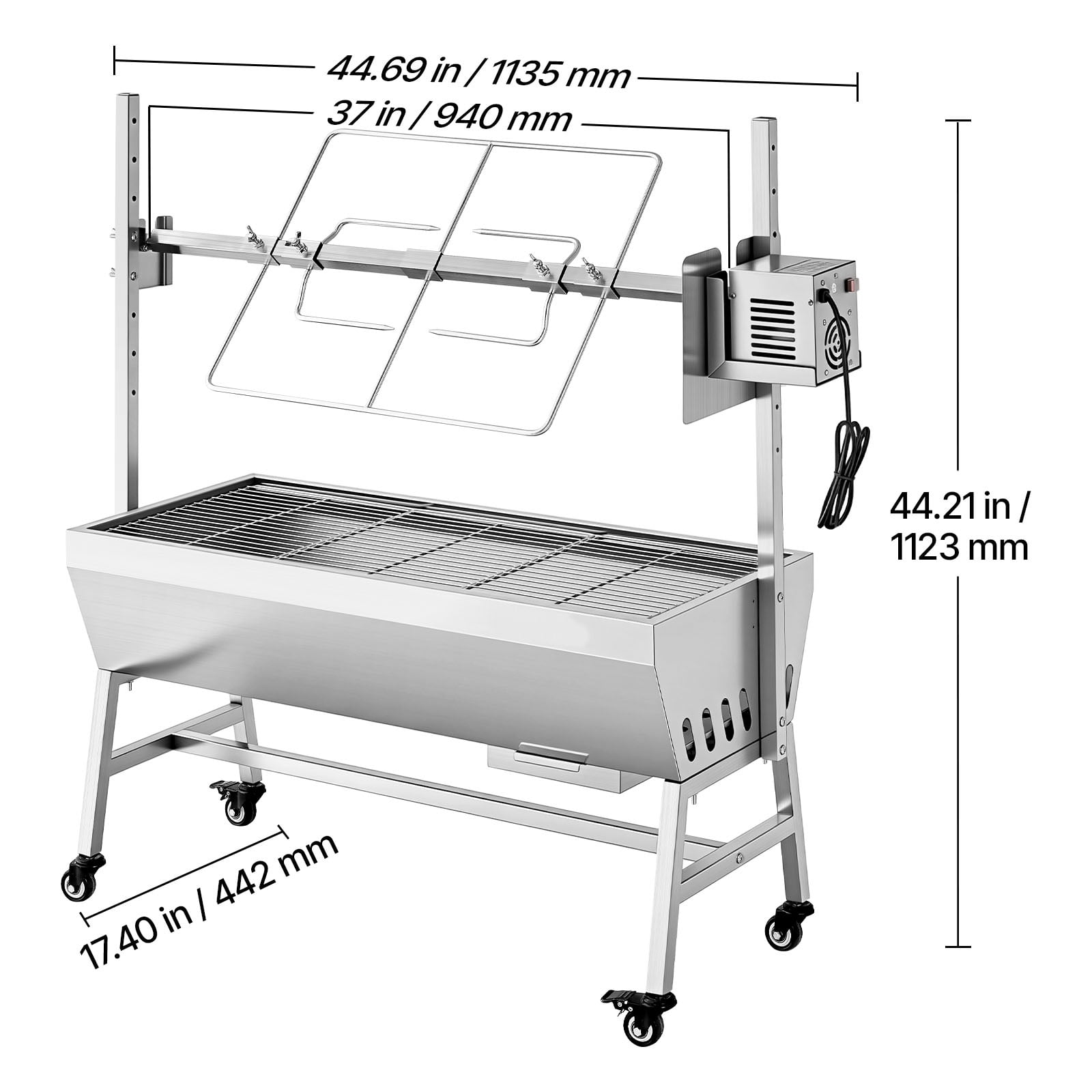 KFFKFF Outdoor Rotisserie Grill with 38W Motor, Heavy-Duty Charcoal Spit Roaster for Pig and Lamb (Black, 132 lb Capacity) hiqbq