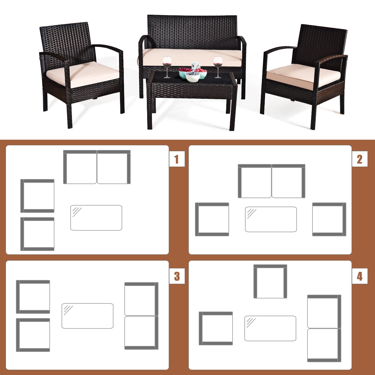 Costway 4-Piece Patio Rattan Conversation Furniture Set with Cushions and Glass Table (Brown, 4-Piece Set) y3b9y