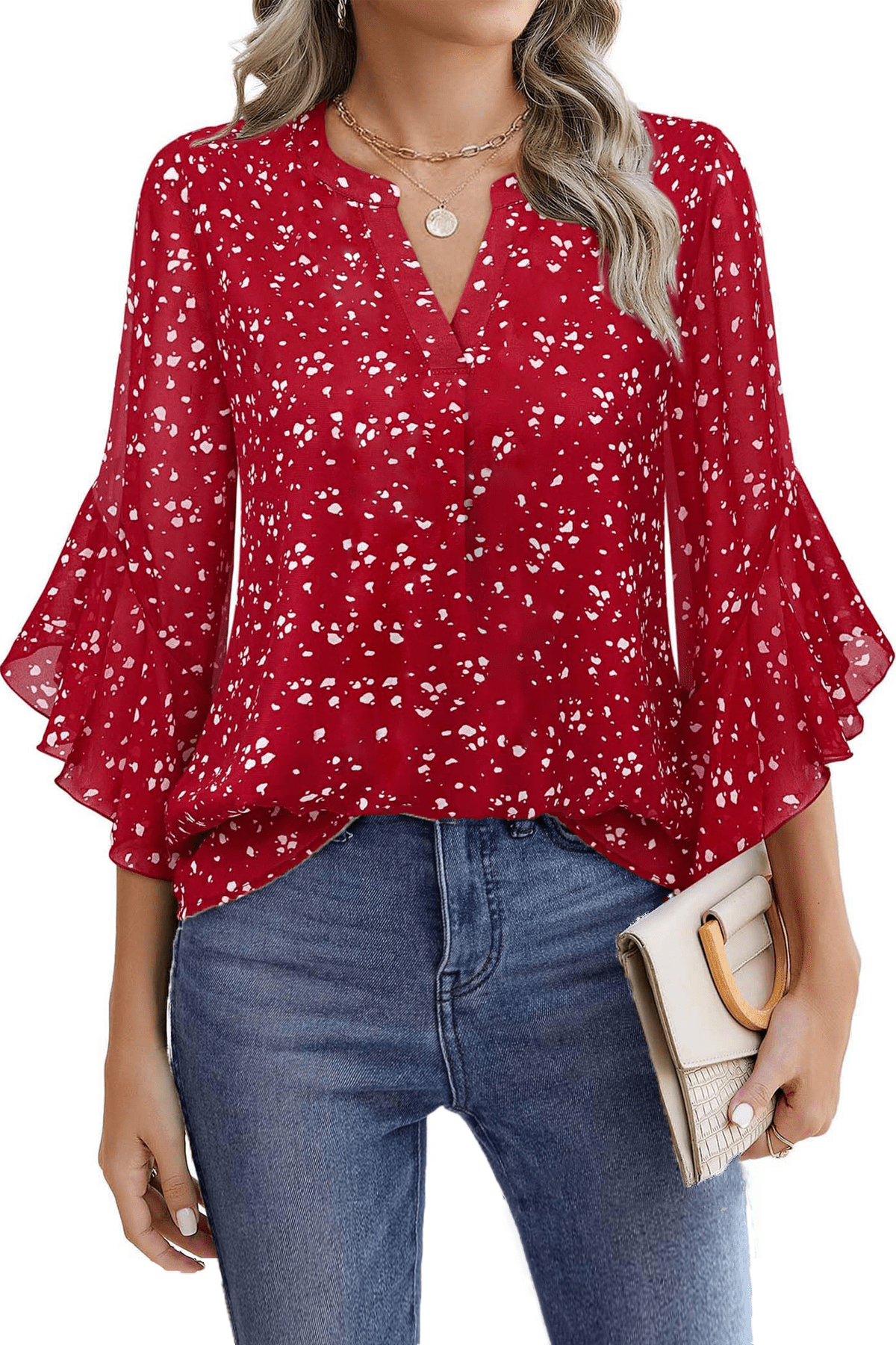 Fantaslook Womens V Neck Blouse 3/4 Ruffle Sleeve Dressy Casual Work Shirt (Red, L) 7ag4q