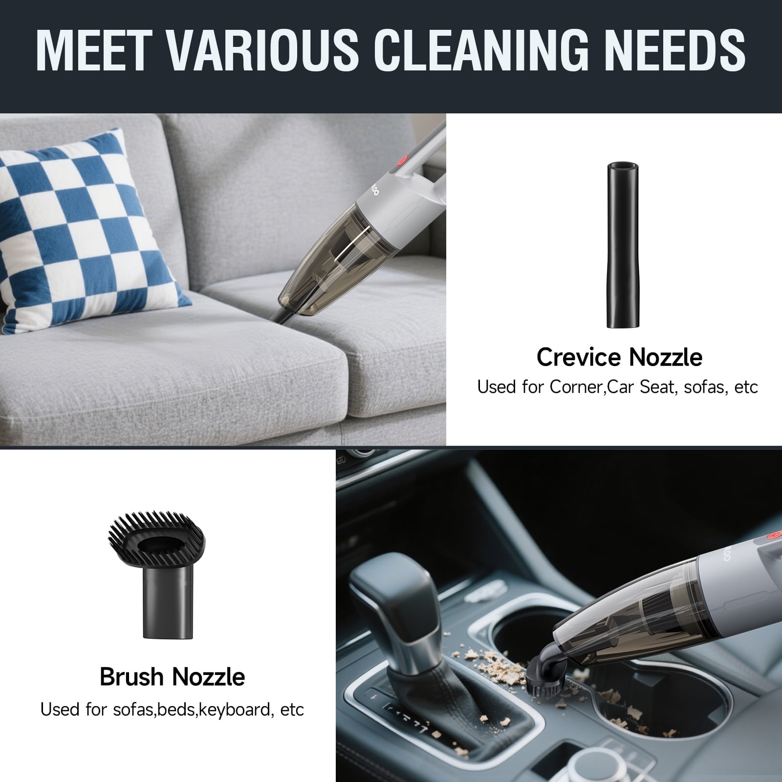 Gooloo V7 Mate Cordless Handheld Car Vacuum Cleaner, Portable Lightweight High-Power Suction for Interior Detailing and Home Use (Gray) xkmbt