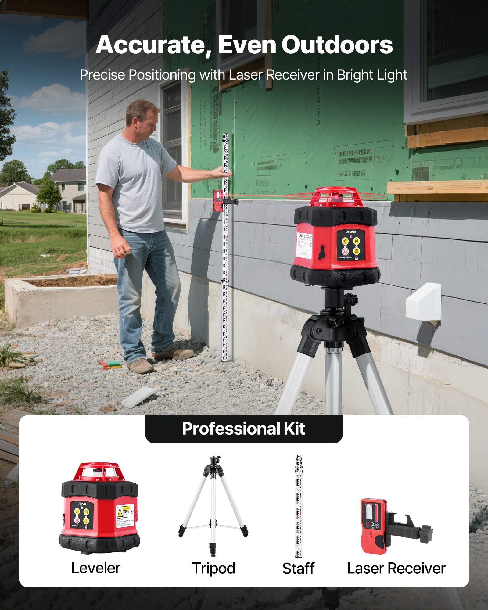 VEVOR Rotary Laser Level Kit, 360-Degree Self-Leveling Red Laser Transit with Tripod and Receiver (984 ft Range) ze8c6