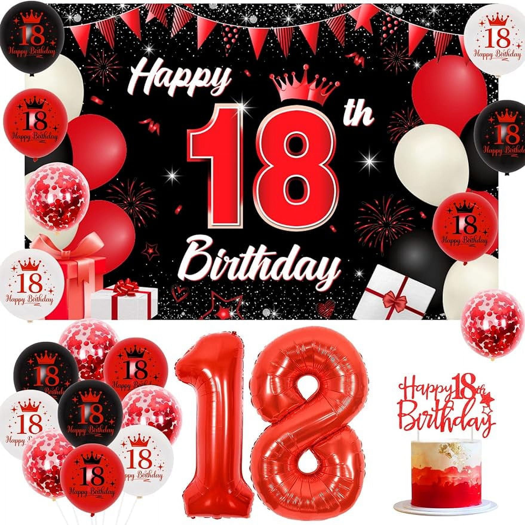 Sursurprise 18th Birthday Party Decoration Set, Red and Black Theme with Backdrop, Cake Topper, and Balloons (1 Set) jg0lh
