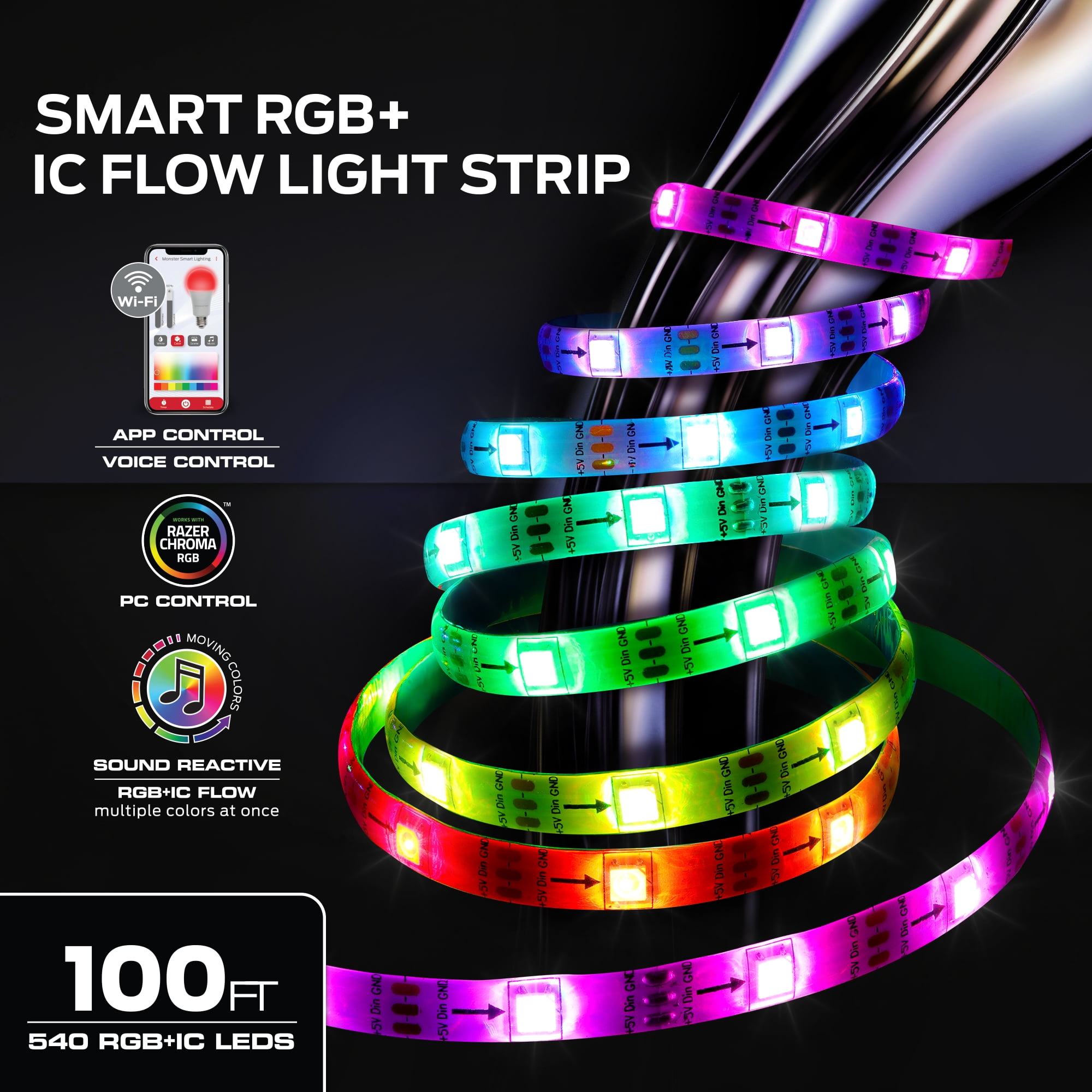 Monster Smart LED Light Strip, Multi-Color Flow, Sound Reactive, Razer Chroma Compatible (100 ft) bfry7