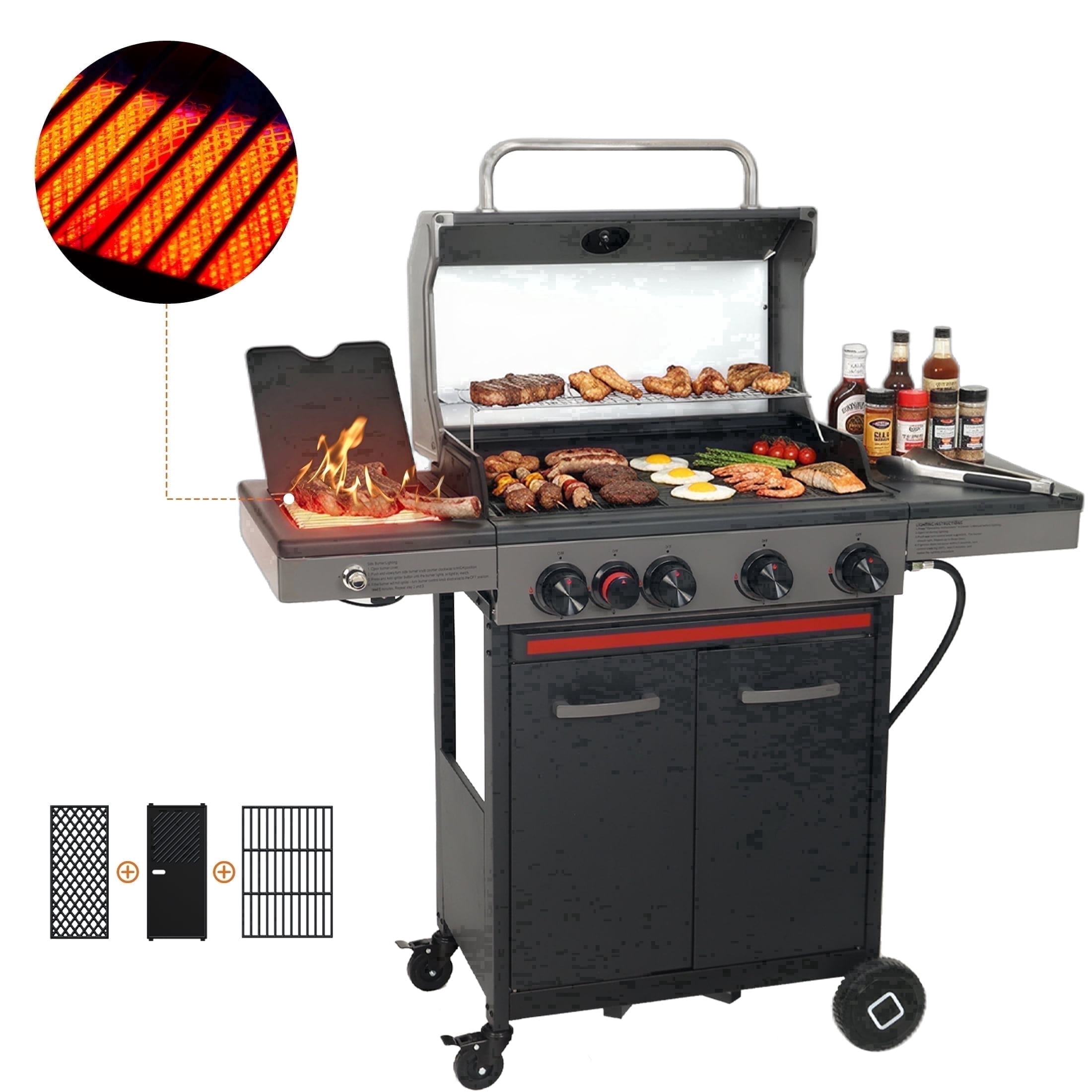 Flintex 4-Burner Propane Gas Grill with Infrared Side Burner, Diamond Grates & Griddle (494 sq. in. Cooking Area) km3tc