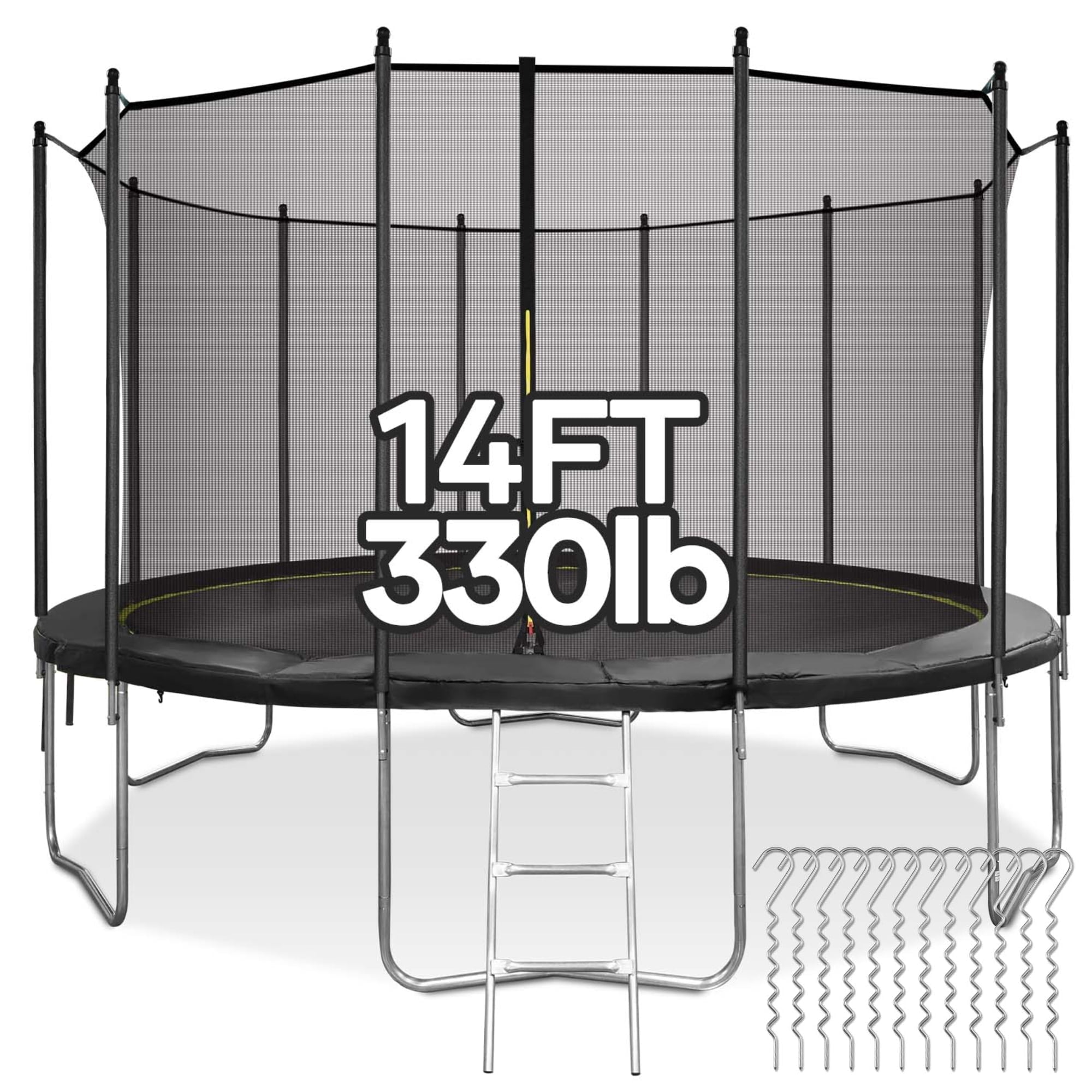MARNUR 14 ft Outdoor Trampoline with Enclosure Net, Ladder, and Wind Stakes (330 lb Capacity) lzl8t
