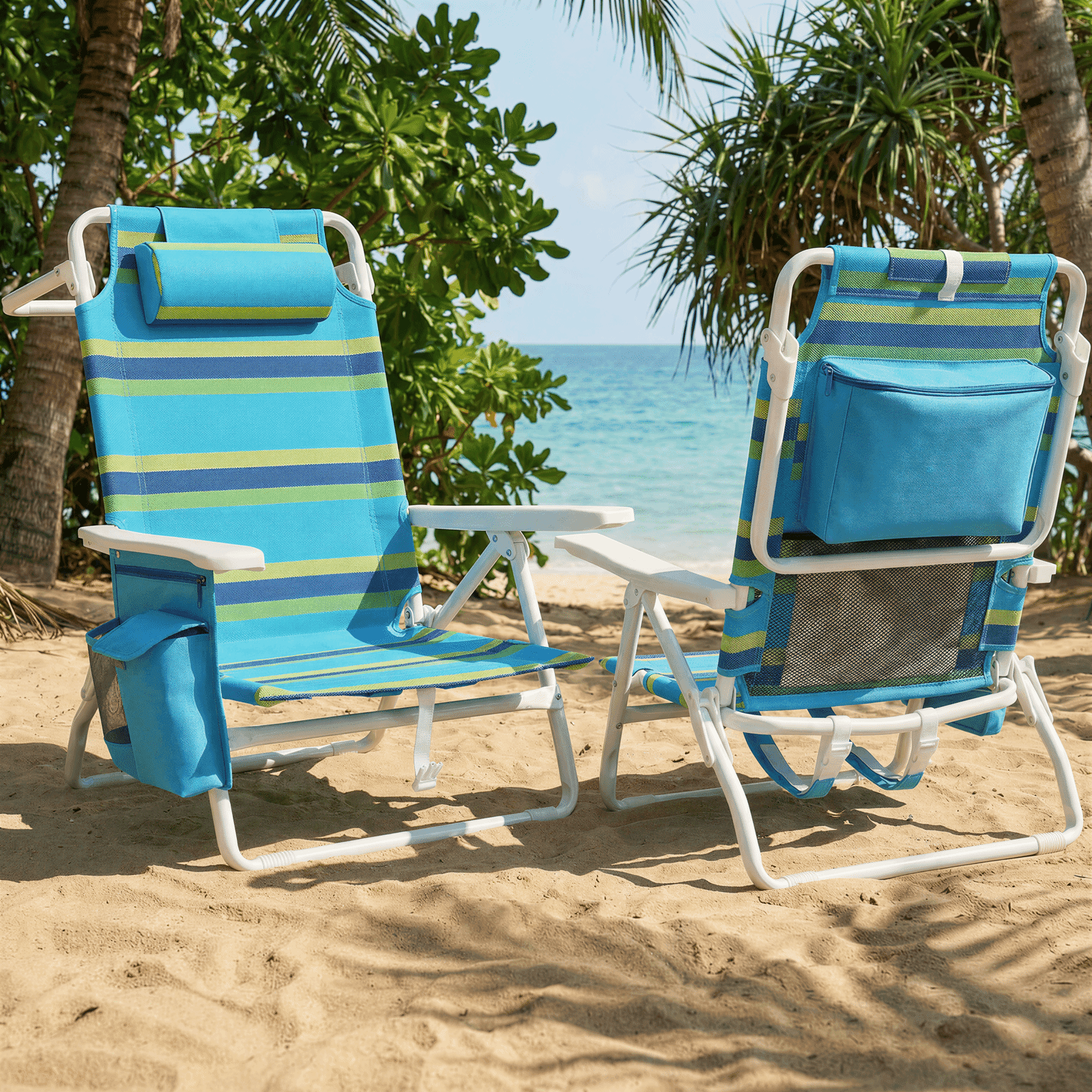 TLSUNNY 5-Position Folding Beach Chair with Cooler Pouch and Towel Bar (Green, 2 Pack) q1ay7