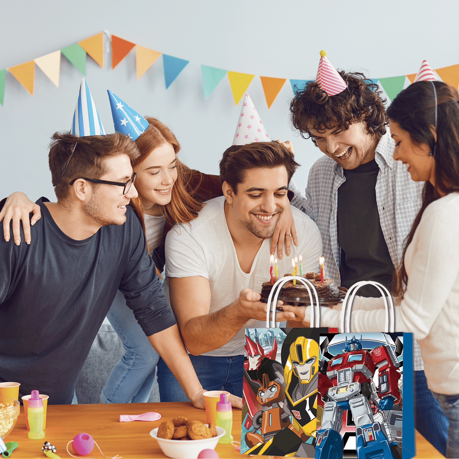 JQTVUYQIG Transformers Party Gift Bags with Handles, Cartoon Robot Theme Party Supplies (16 Pack, 8.26 in x 5.9 in x 3.14 in) mm1x1