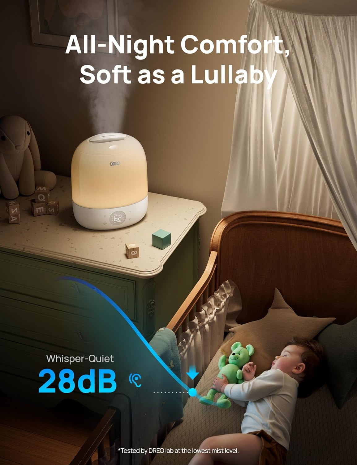 DREO Smart Cool Mist Humidifier for Bedroom and Nursery, Ultra Quiet Ultrasonic Air Humidifier with App Control and RGB Night Light (White, 0.79 gal) wb3av
