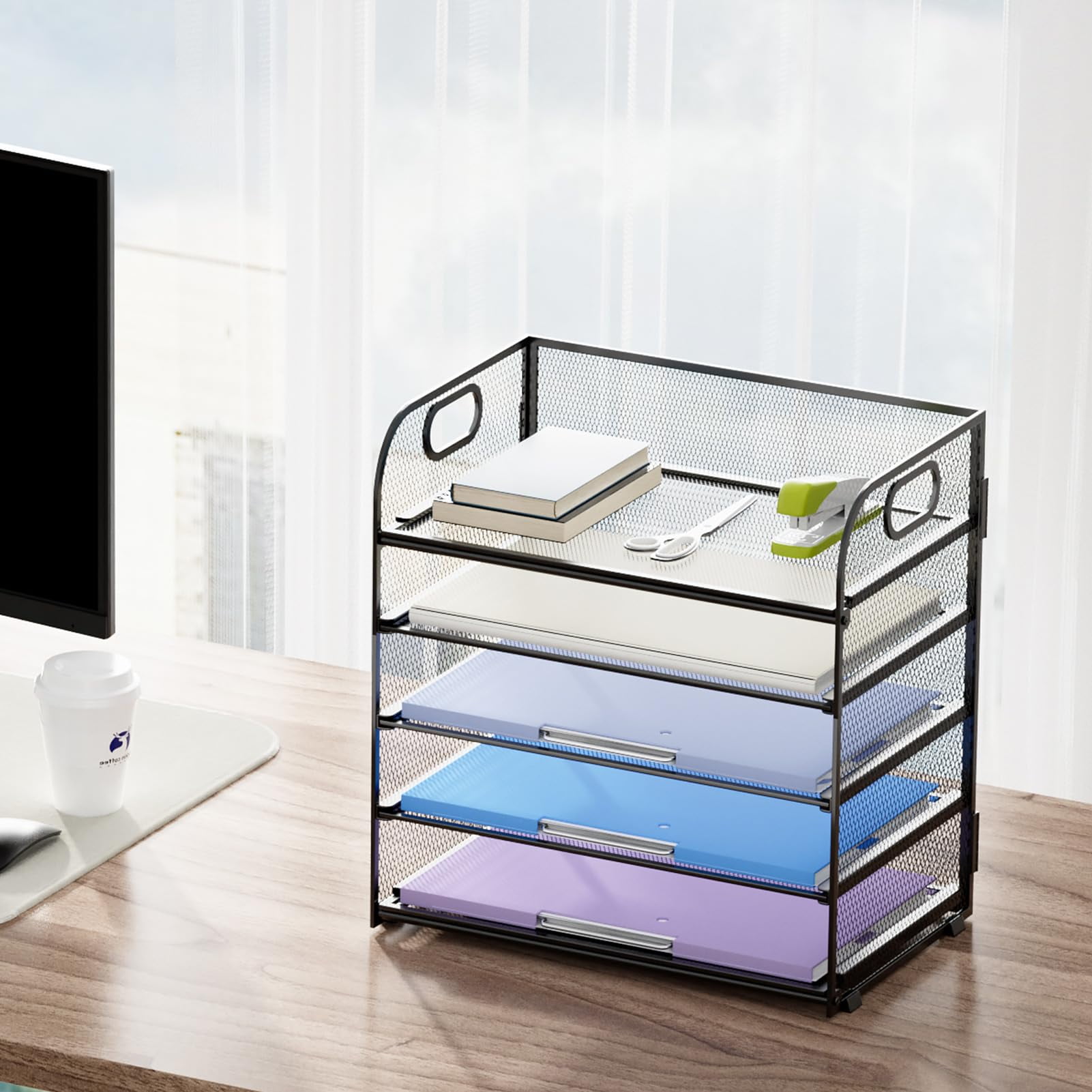 Marbrasse 5-Tier Mesh Desktop File Organizer with Handles (Black, 5-Tier) 7os9q