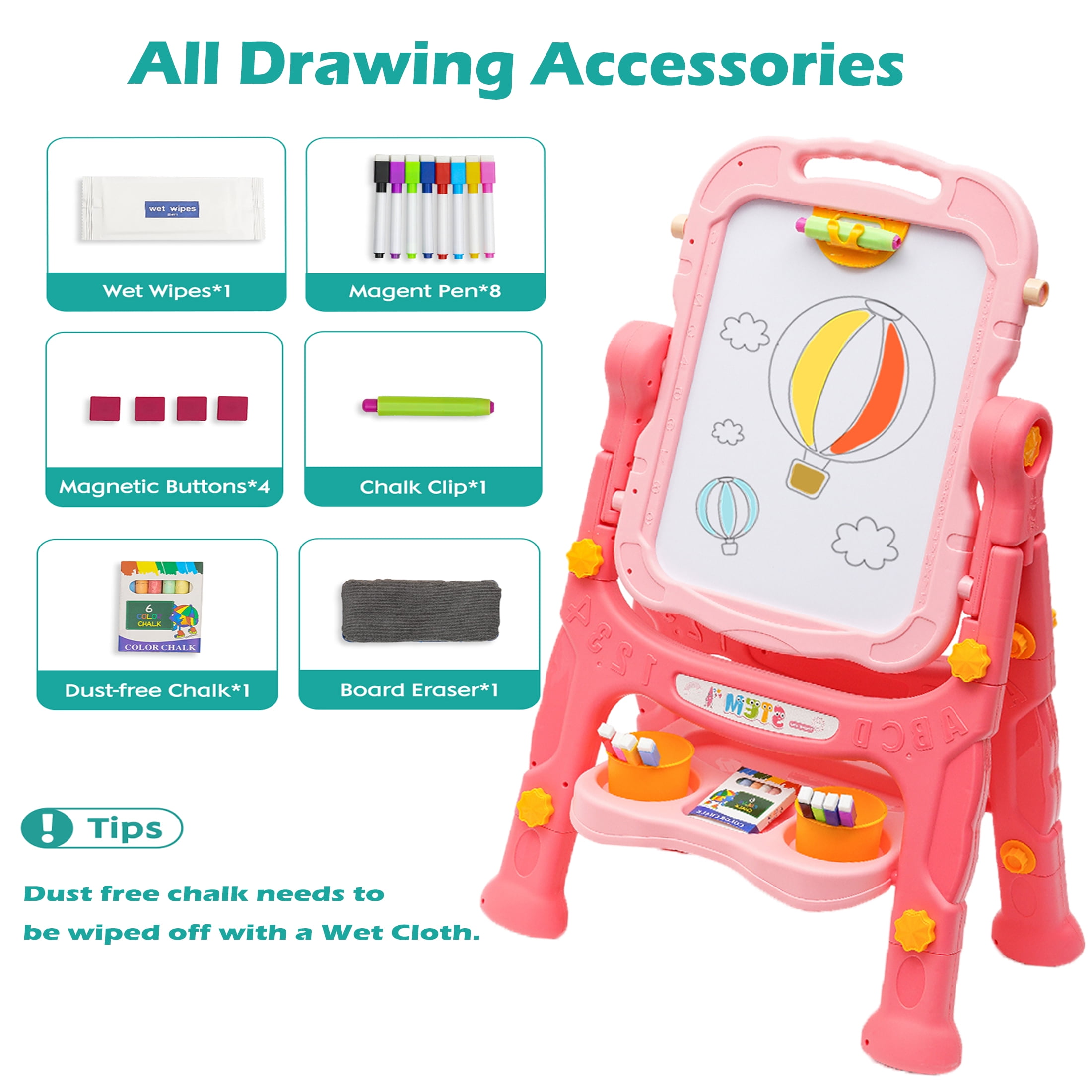 Ealing Kids Art Easel, Double-Sided Magnetic Drawing Board with Painting Accessories (Pink, 36.4 in) n9ile