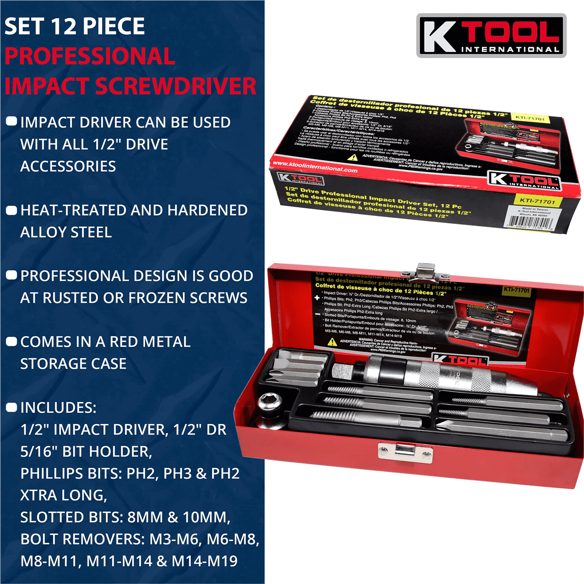 K Tool International 1/2 Inch Impact Driver Set, Heavy-Duty Alloy Steel (Black, 12 Piece) d0511
