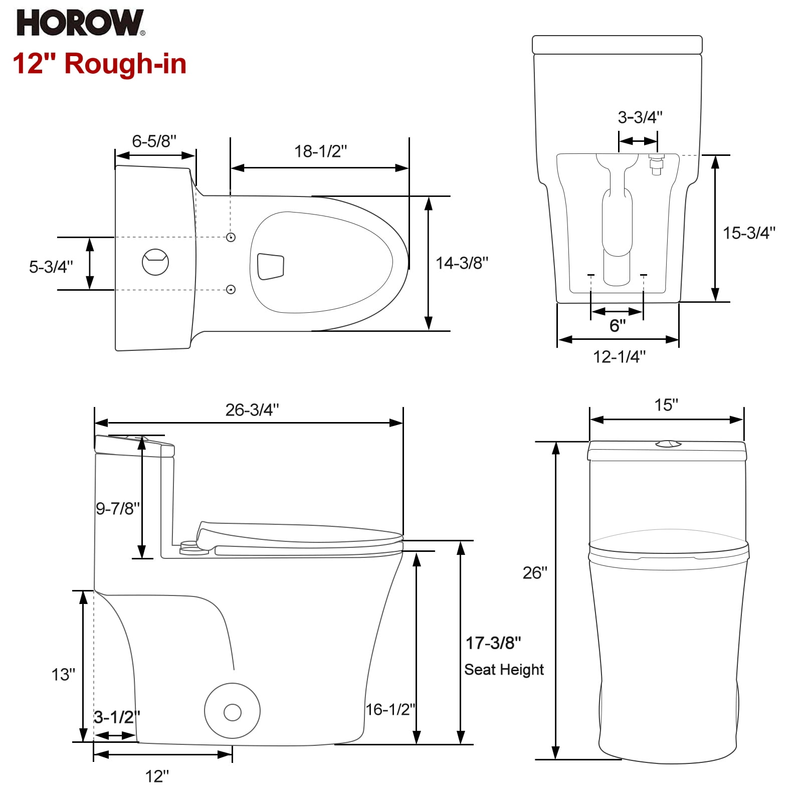 HOROW Compact One Piece Toilet, Elongated ADA Height Bowl with Soft-Close Seat (White, 17.3 in) rlz90