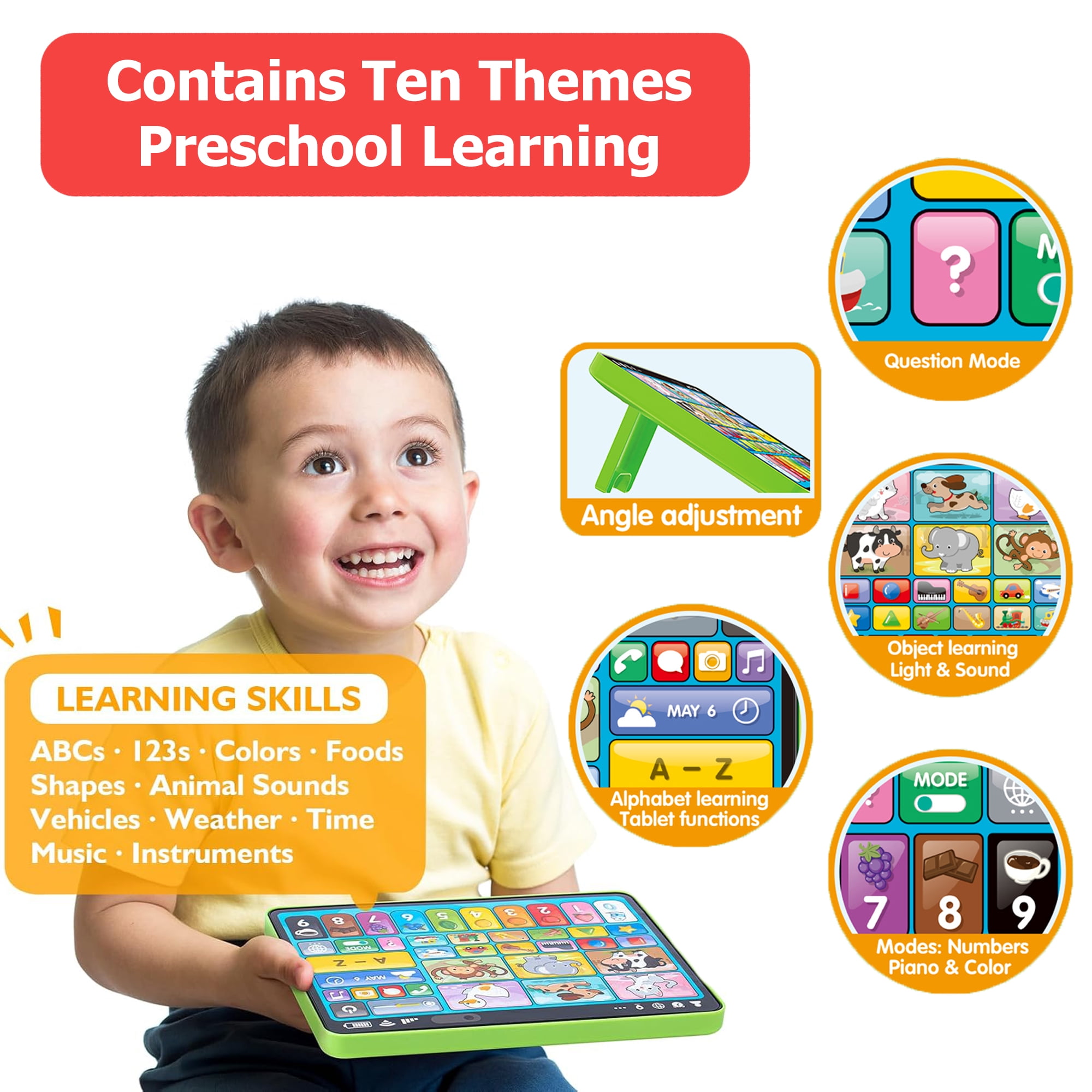 Adofi Trilingual Learning Tablet for Toddlers, Montessori Educational STEM Toy with Music and Lights (Green, 1 Pack) mavea