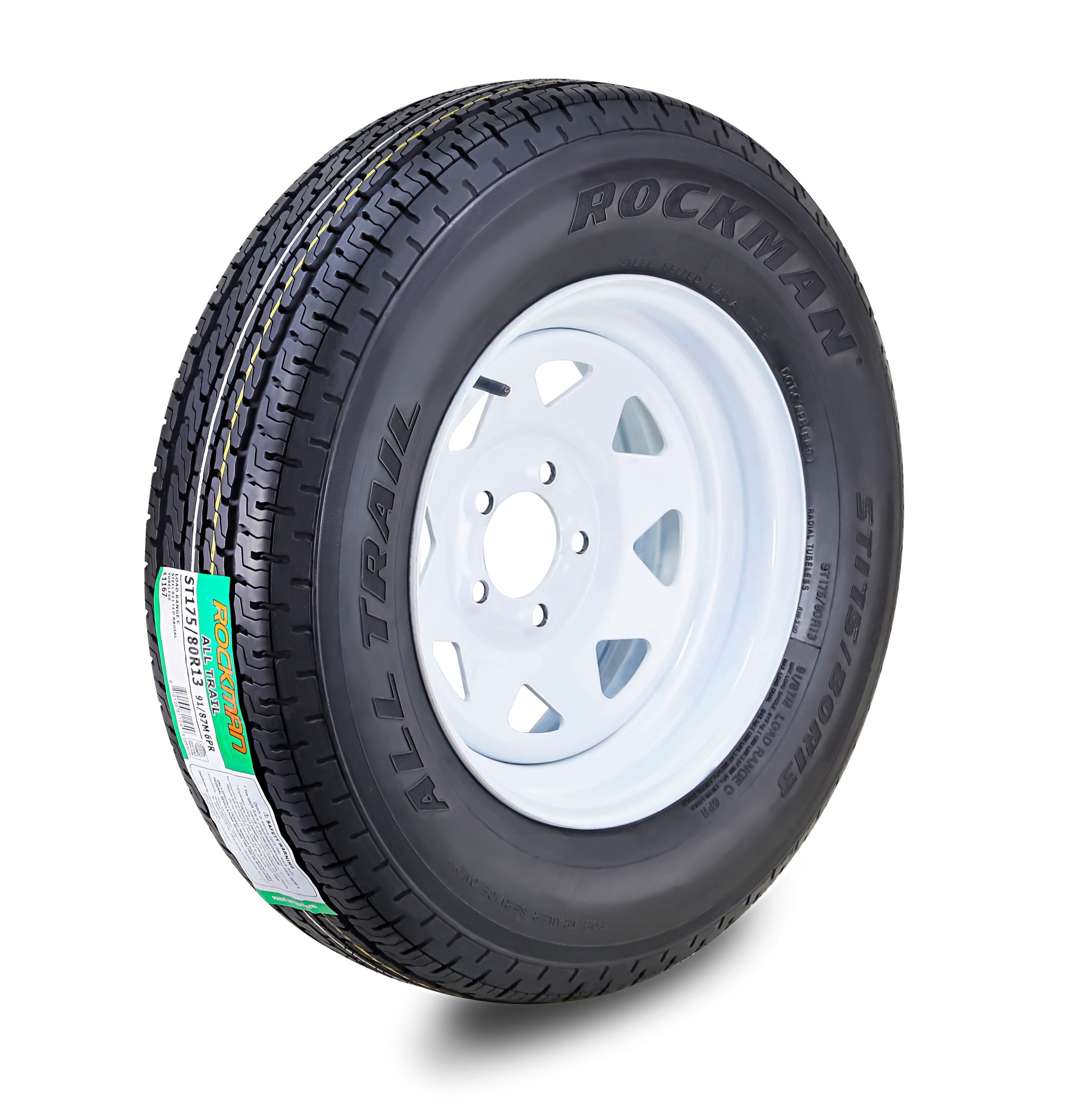 ROCKMAN Trailer Tire and Wheel Assembly (ST175/80R13, 6-Ply, 5 Lug on 4.5 in PCD, White Spoke) bcp4q