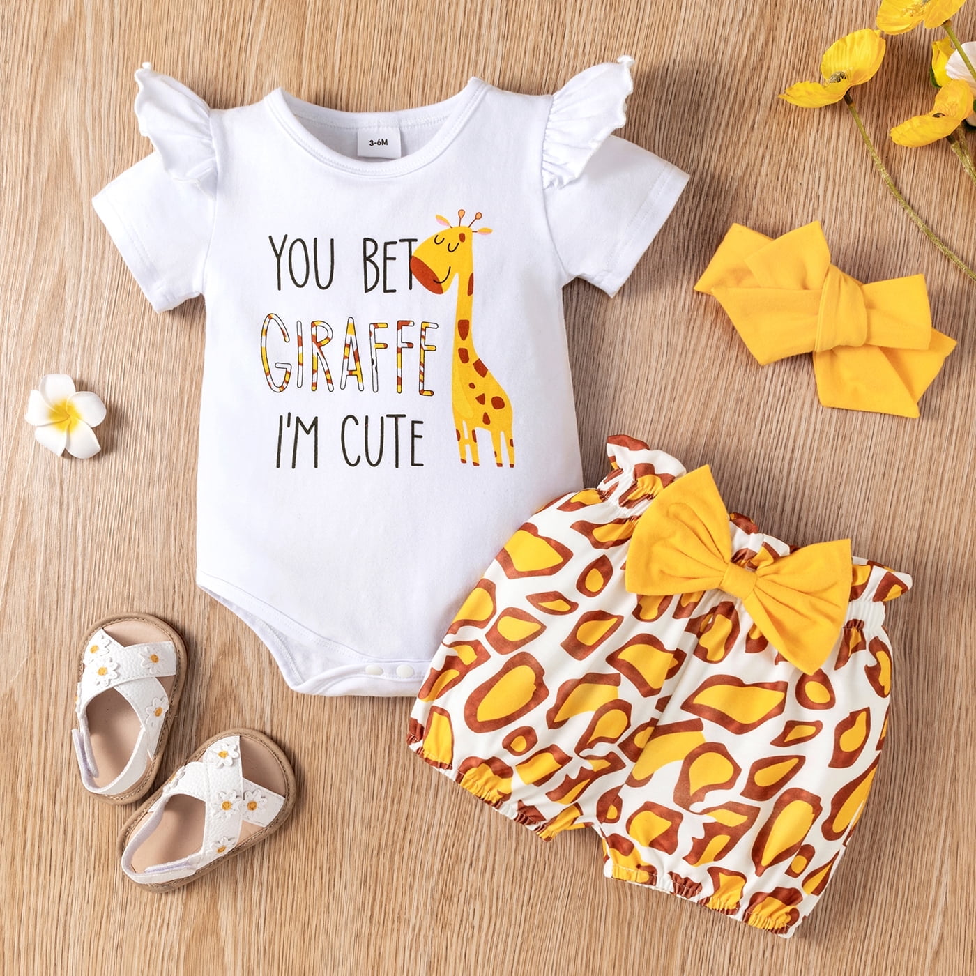 PatPat Baby Girl 3-Piece Outfit Set Giraffe Print Romper Shorts and Headband (Yellow, 0-3 Months) 78flh