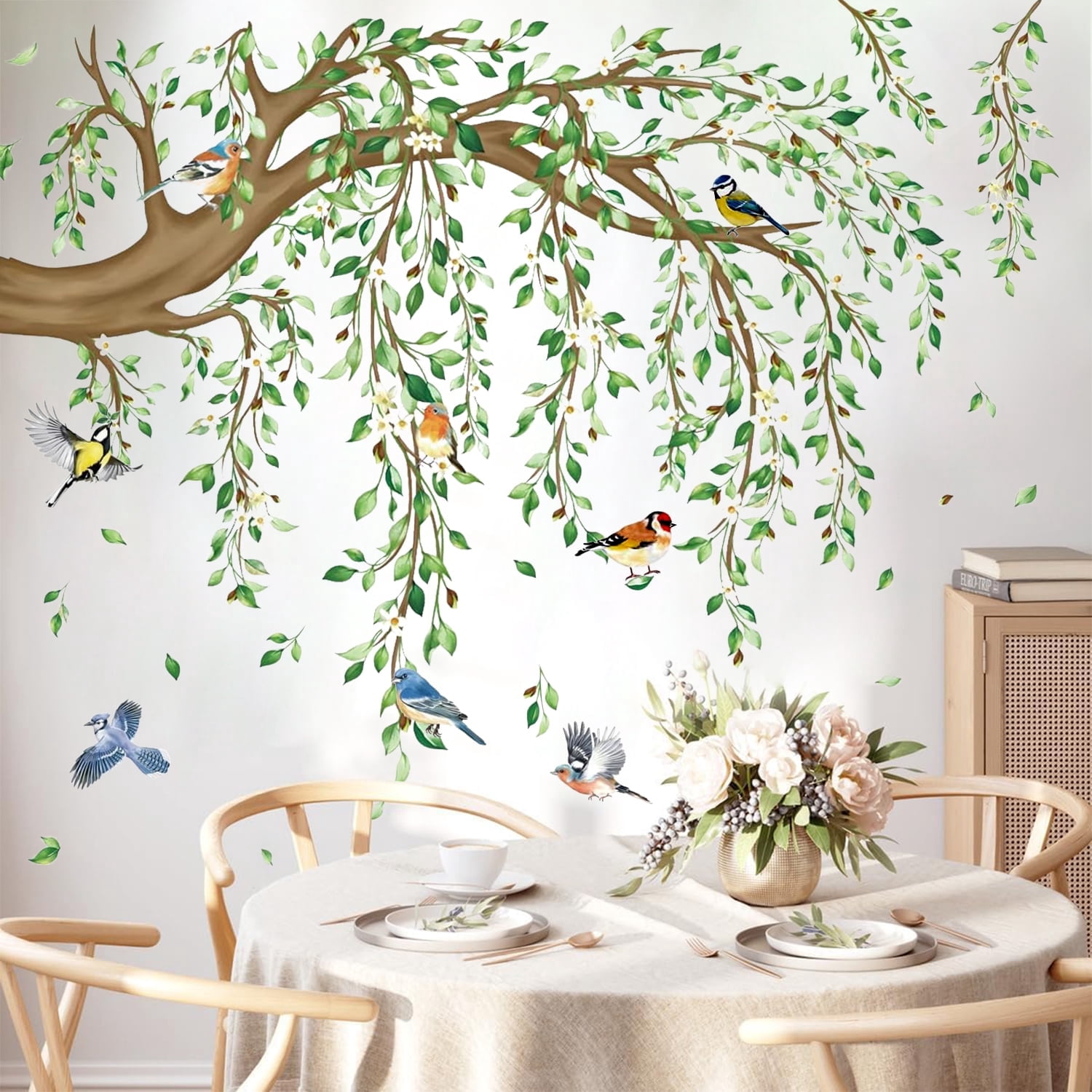 Style-Carry Hanging Vine Wall Decals, Tree Branch Green Leaf Flower Bird Stickers for Living Room Bedroom Decor (Green, 4 Sheets, 11.8 in x 35.4 in) 18n8g