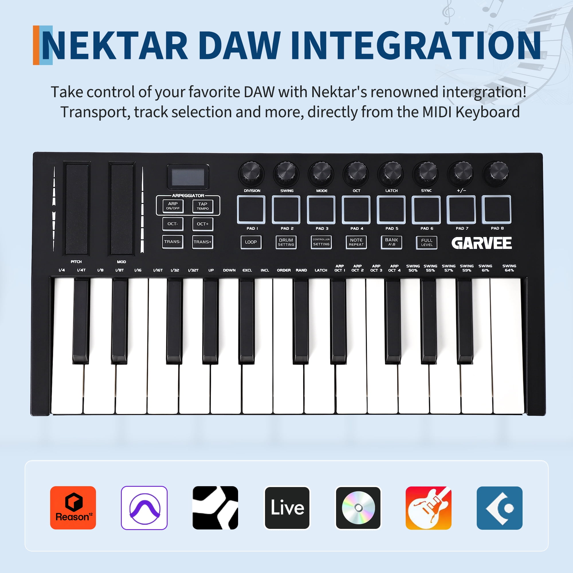 Peparins 25-Key MIDI Keyboard Controller, Compact USB DAW Integrated Music Production Keyboard with 8 Drum Pads and OLED Display (Black, 25-Key) 9pea8