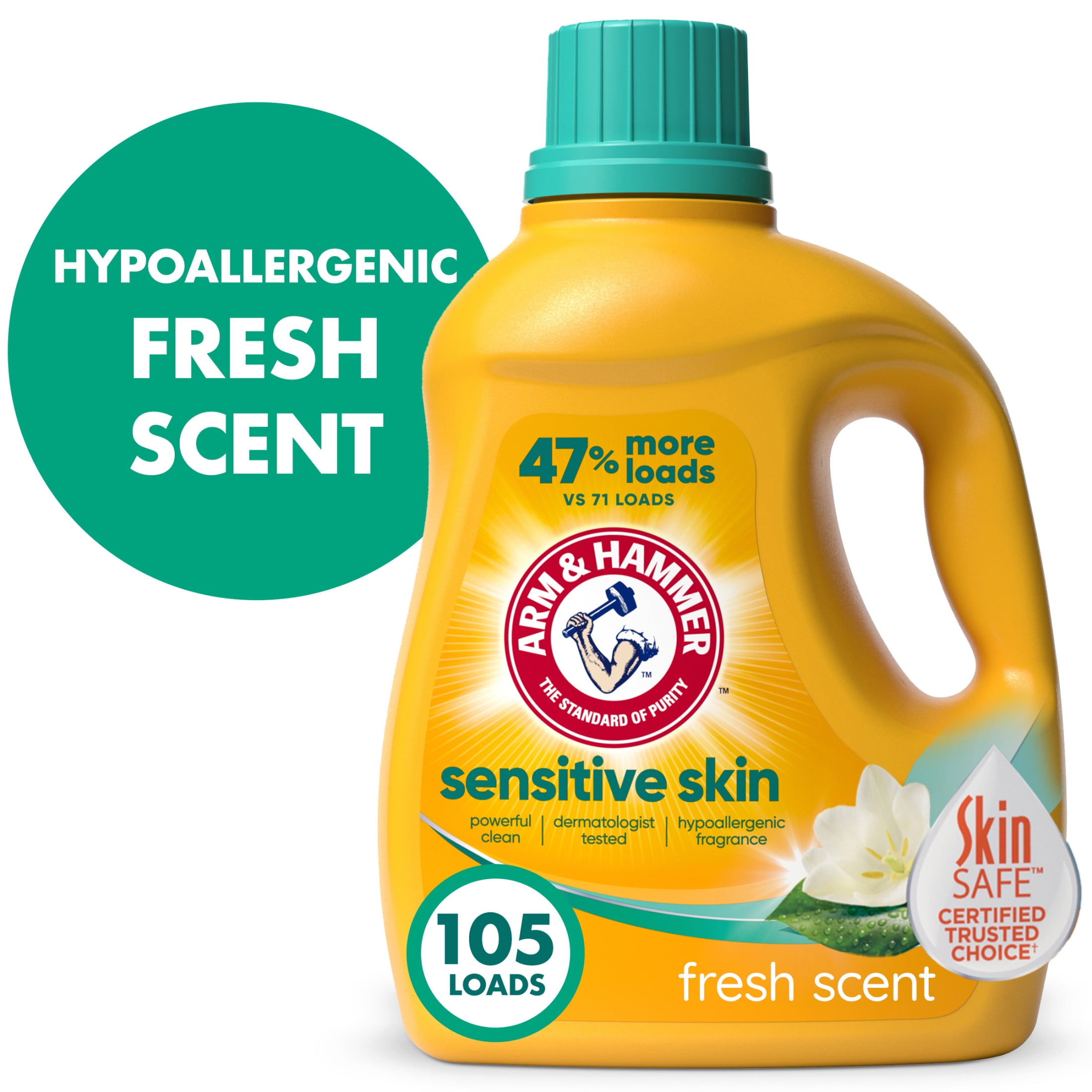 ARM & HAMMER Sensitive Skin Liquid Laundry Detergent, Hypoallergenic Fresh Scent (105 fl oz) 1b0ph