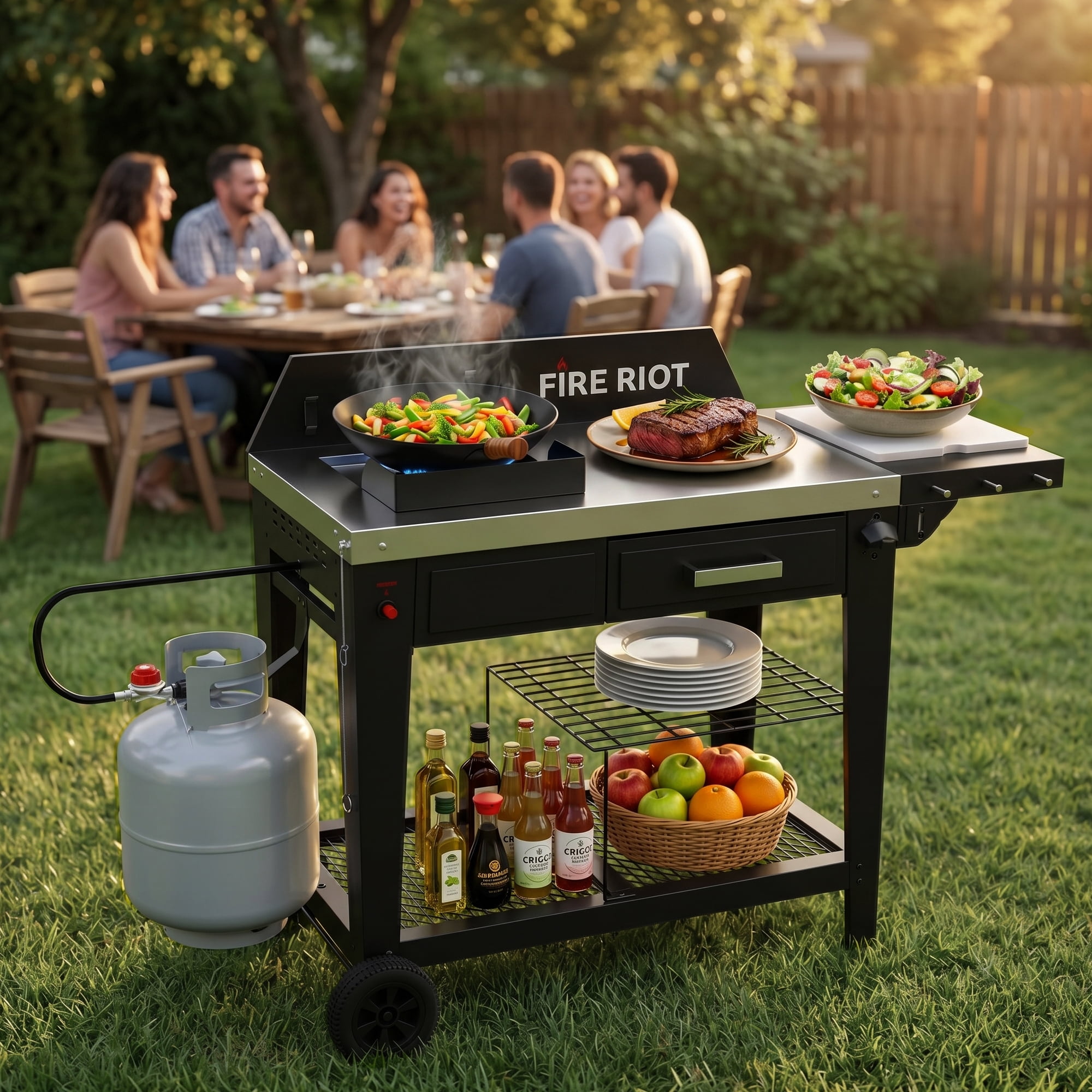 FIRE RIOT Outdoor Wok Burner and Propane Fryer Station with 12.6 in Carbon Steel Wok (Black, 50000 BTU) 8f1he
