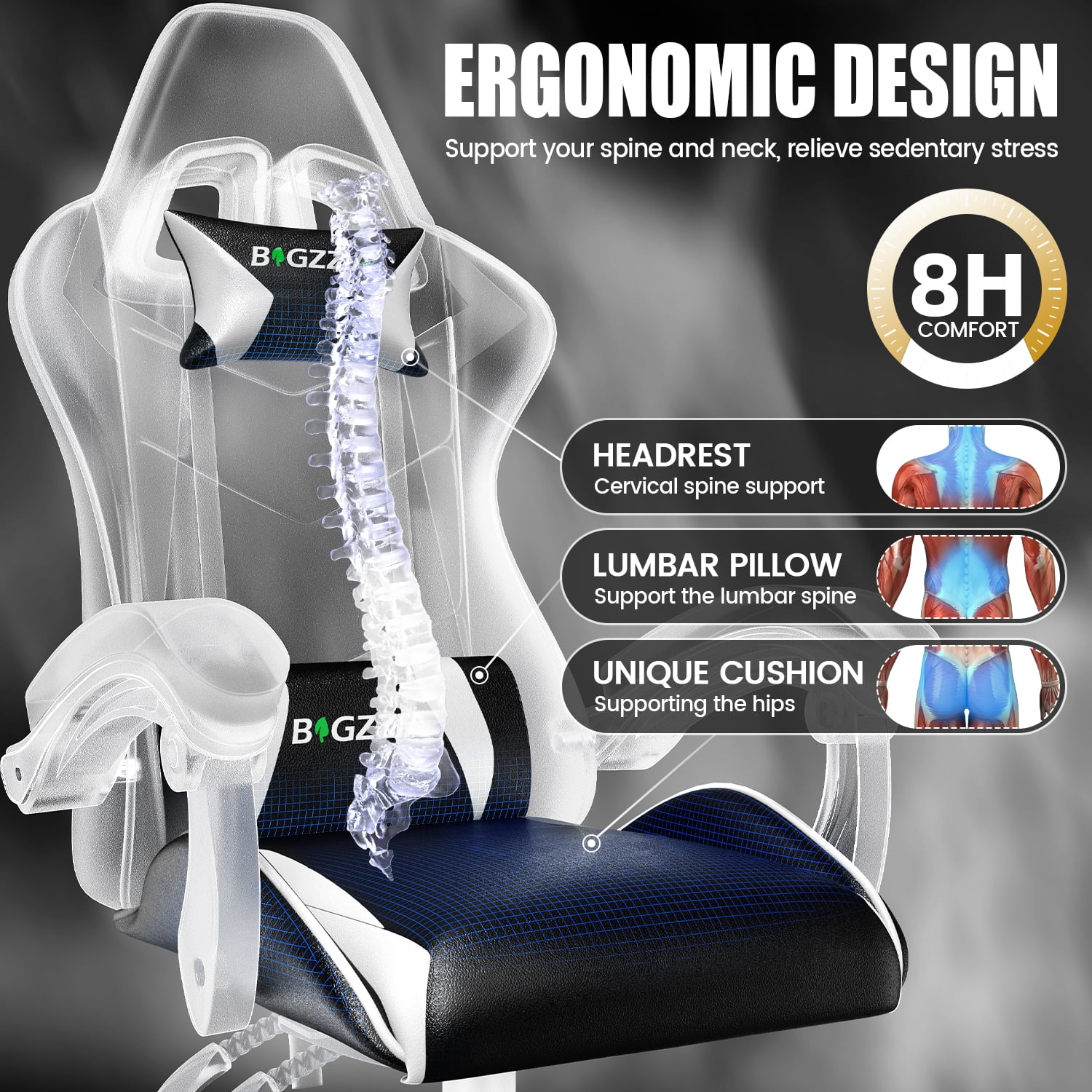 Bigzzia Ergonomic Gaming Chair, Adjustable Office Desk Chair with Lumbar Support and Headrest (Black and White, 350 lb Capacity) tt7sk