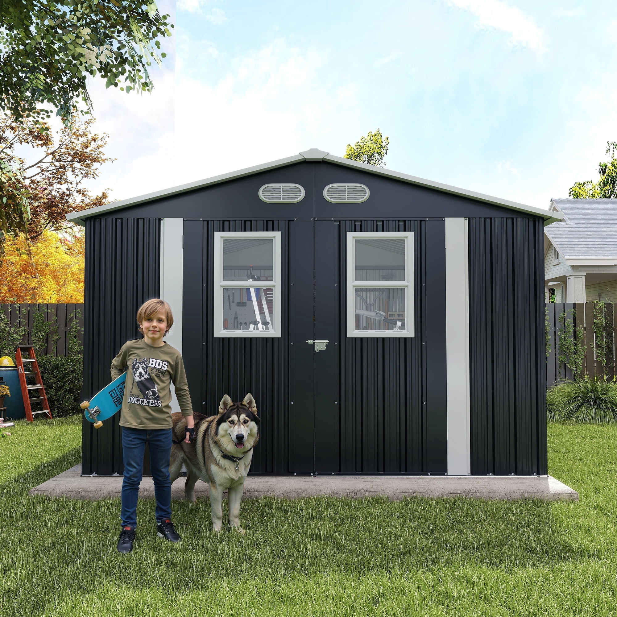 Olurrisa Outdoor Storage Shed, Metal Garden Tool Shed with 4 Windows and Lockable Door (Dark Gray, 8 ft x 8 ft) 3yi8b