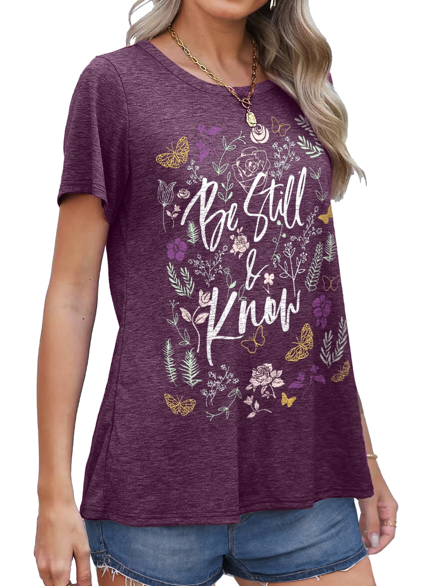 MOSHU Womens Graphic T-Shirt Round Neck Short Sleeve Loose Fit Casual Tee (Multi, L) bmou3