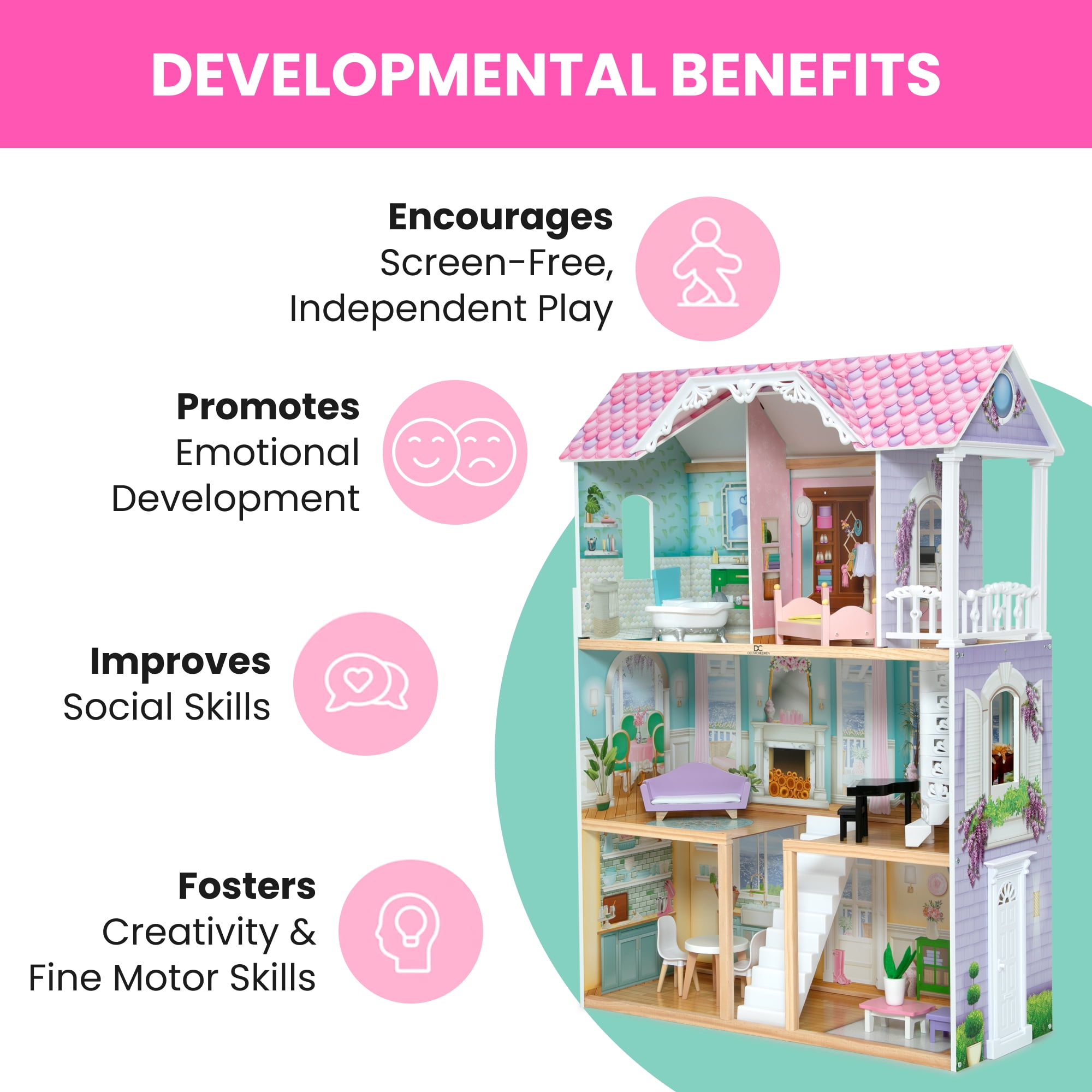 Delta Children MySize Wooden Dollhouse (Pink, 33 in W x 14.5 in D x 46.3 in H) pahsq