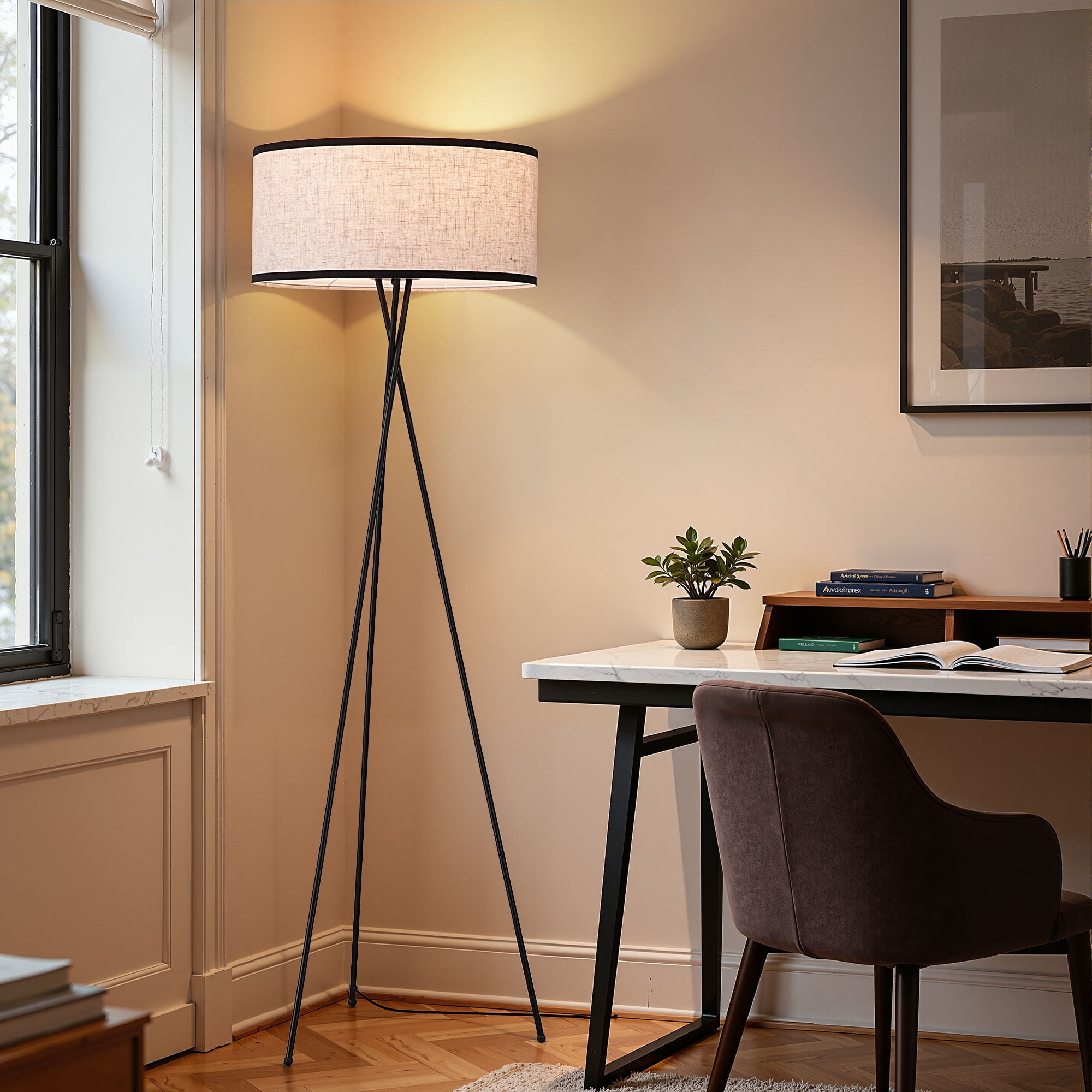 EDISHINE Tripod Floor Lamp with Remote and APP Control, Modern Dimmable LED Standing Lamp with RGB Bulb and Flaxen Linen Shade (Black, 66.9 in) nujo4
