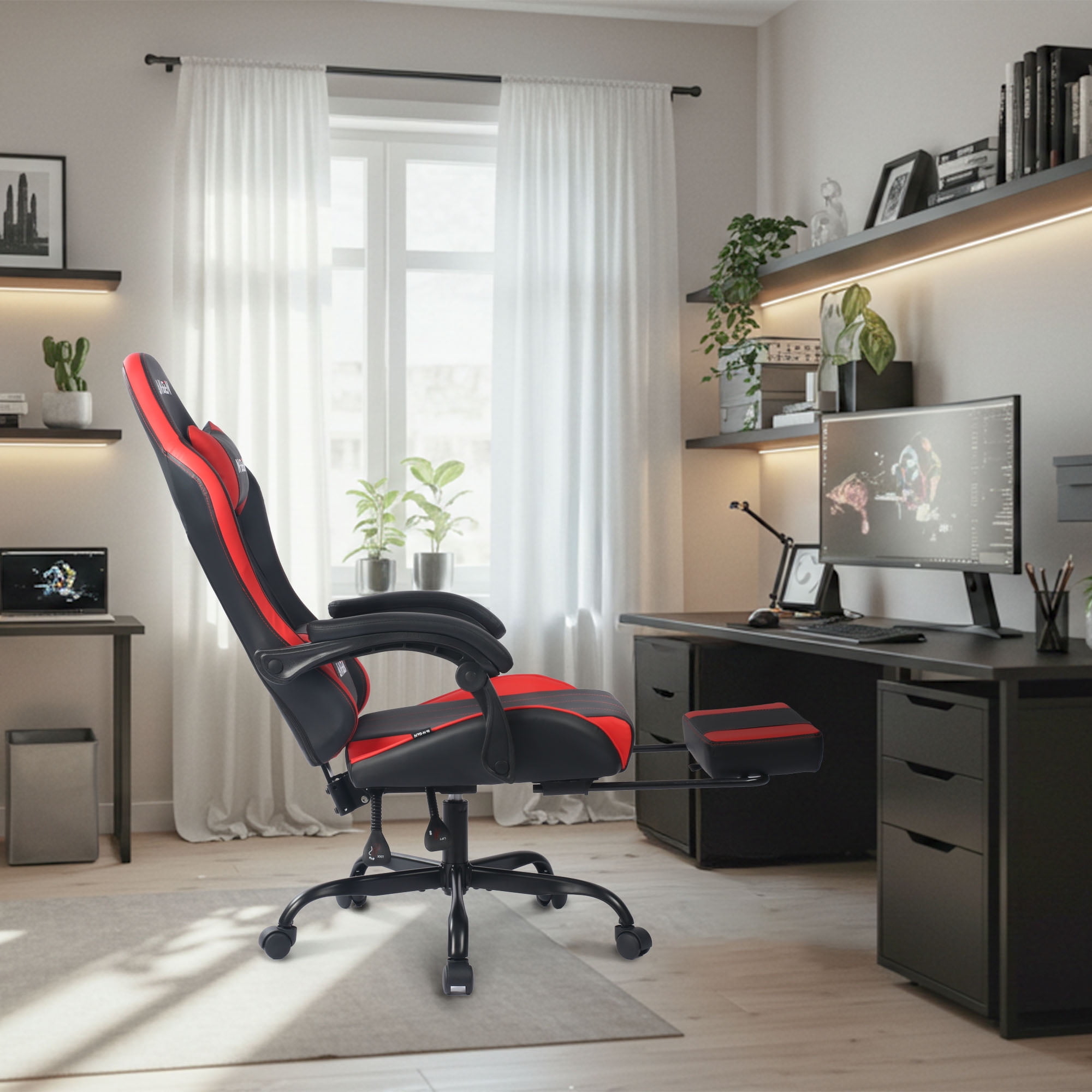 CELTOSS Ergonomic Gaming Chair with Footrest and Lumbar Support (Red, 300 lb Capacity) ehsjc
