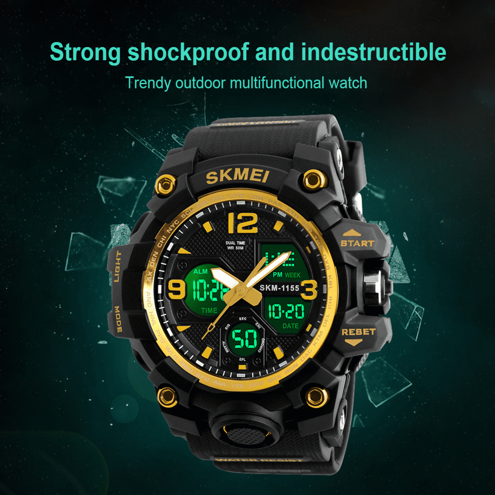 SKMEI Men's Digital Sports Watch, Large Face Military Style LED Display with Alarm and Stopwatch (Gold, 1.97 in) wu4s2