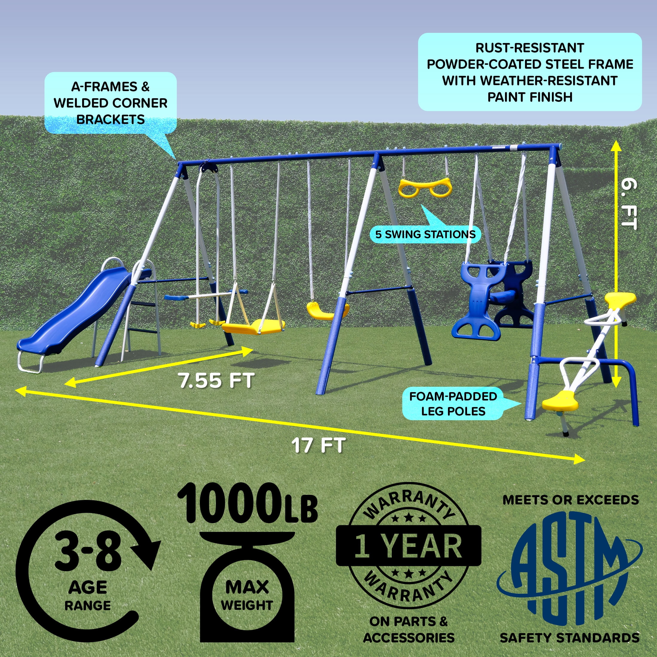 Sportspower Super 9 Metal Swing Set with Slide and Multiple Swings (6.1 ft Steel Frame) 8hlf3