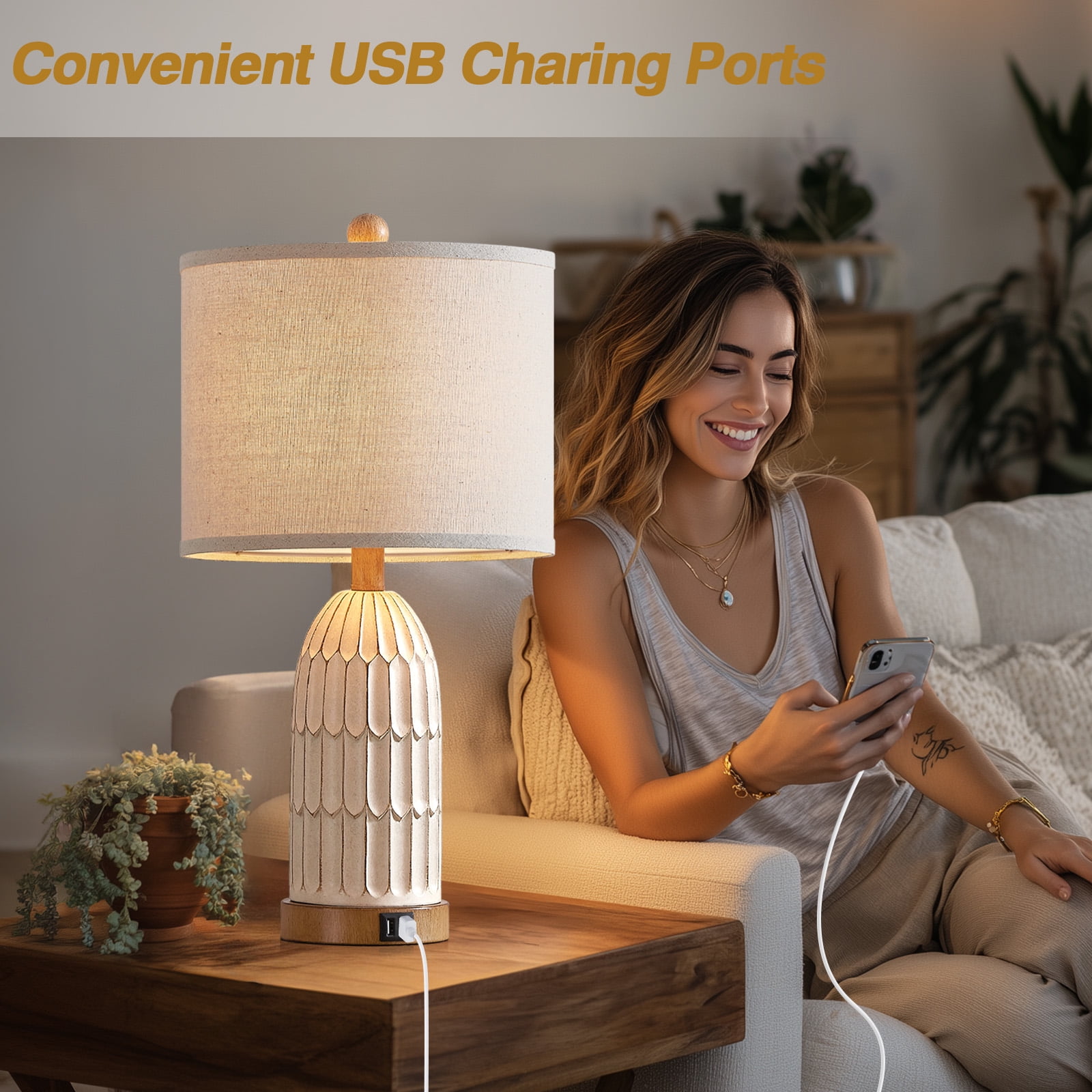 Lolikit Rustic 3-Way Dimmable Touch Table Lamps with USB Ports (Beige, 22 in, Set of 2) wt5mo