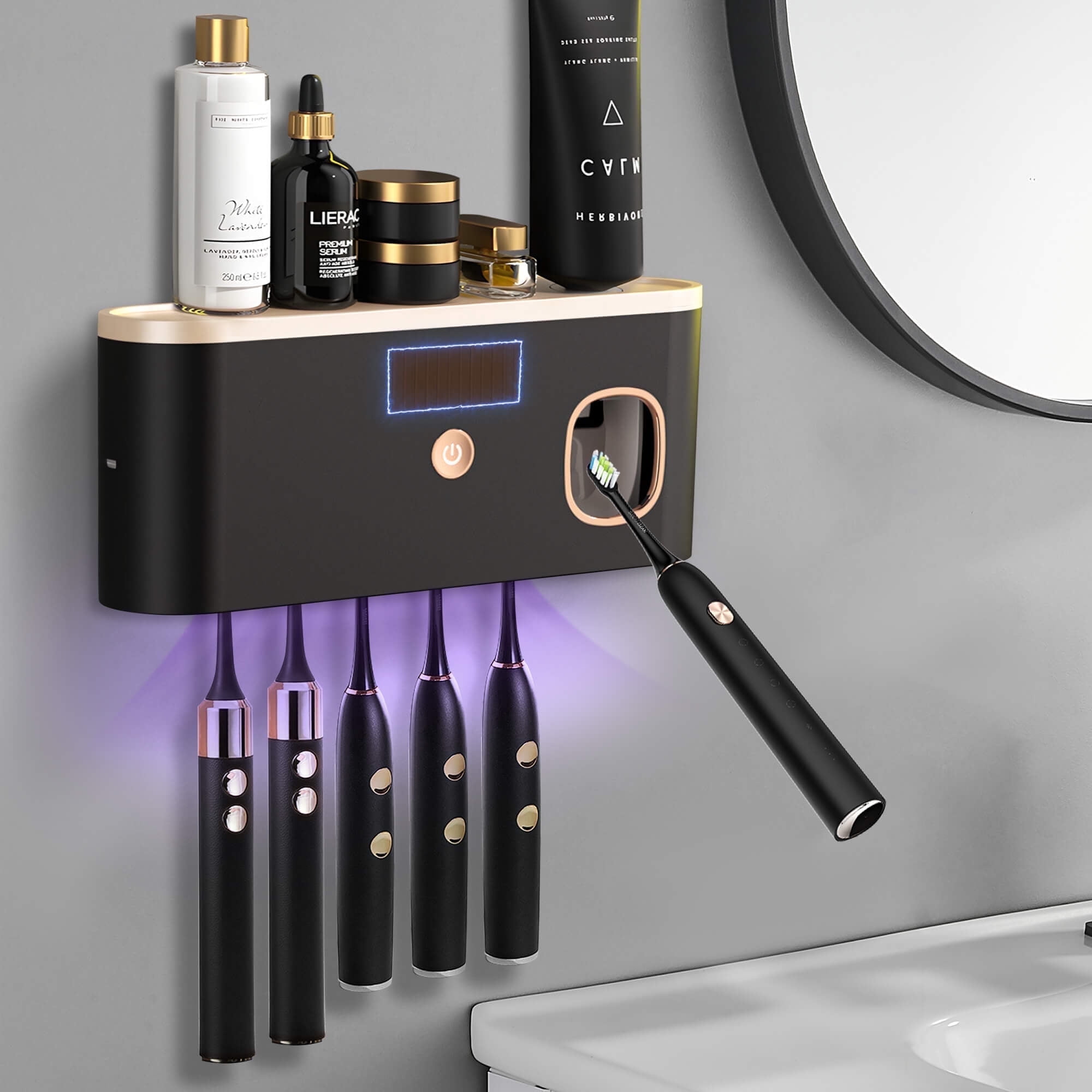 Sentryse UV Toothbrush Sanitizer Wall Mounted Holder with Automatic Toothpaste Dispenser (Black, 8.66 x 2.32 x 3.62 in) 7vnzl