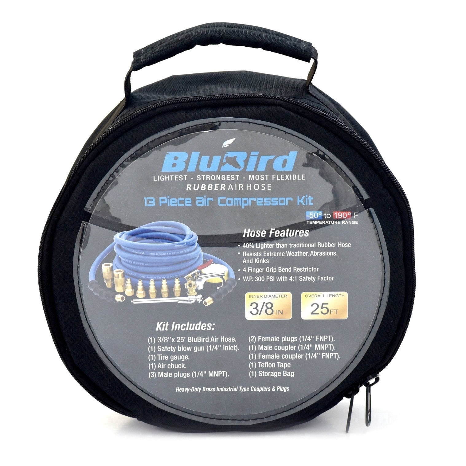 Blubird 3/8 in Rubber Air Hose Assembly with Brass Accessory Kit (Blue, 50 ft) w0vmx