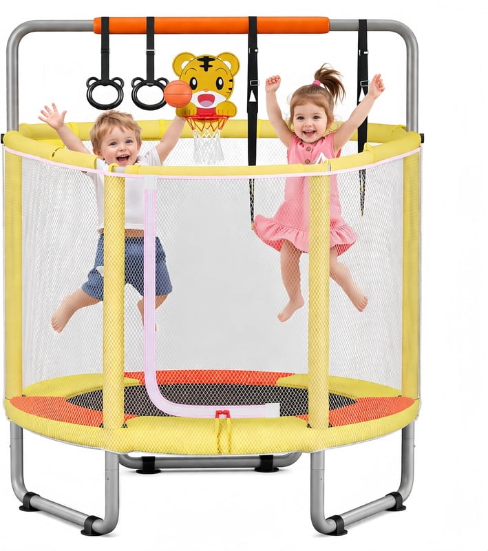 SIMENMAX 55 in Kids Trampoline with Enclosure, 4-in-1 Toddler Activity Center with Gymnastics Bar, Basketball Hoop, and Swing (Yellow, 55 in) cnizl