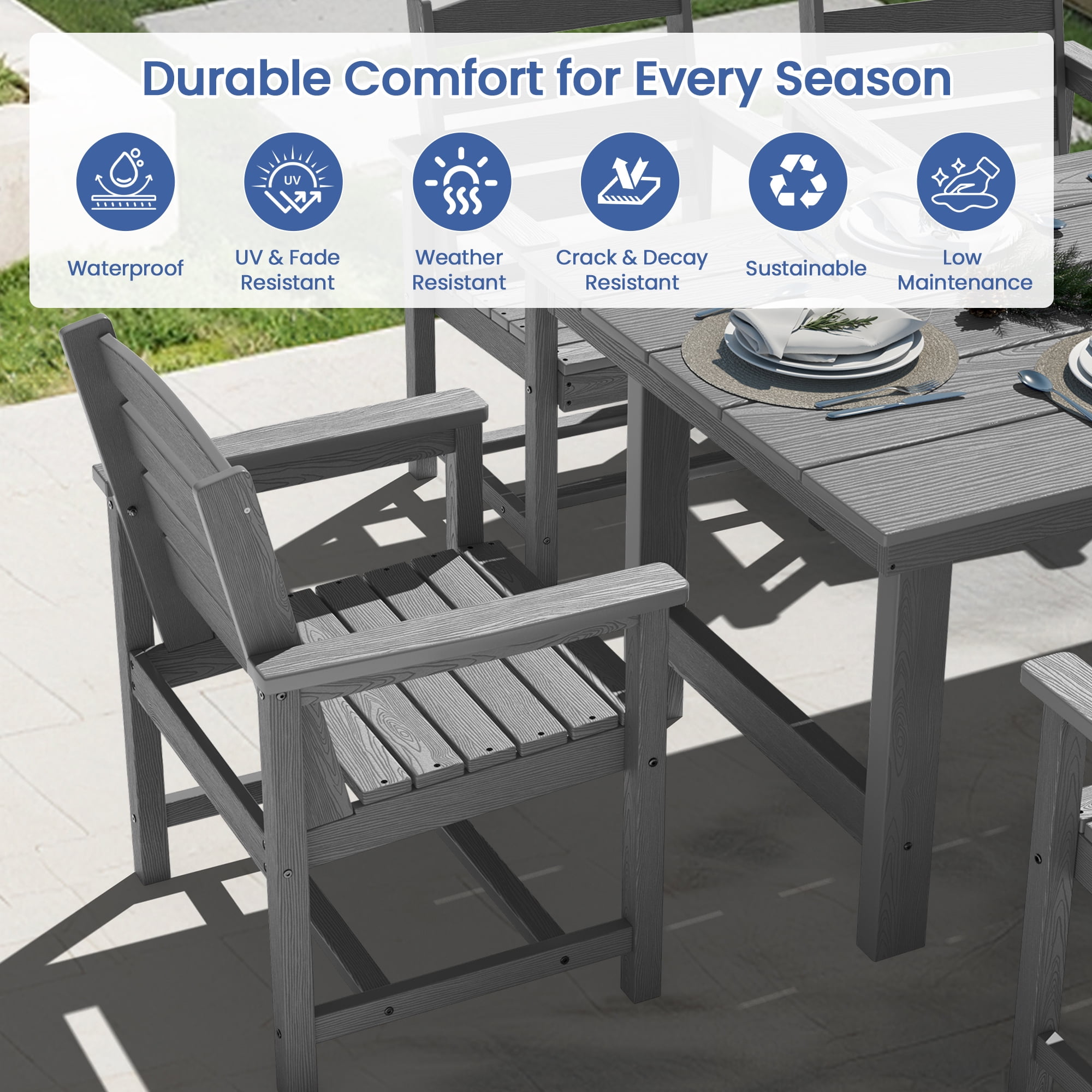 KINGYES All Weather Outdoor Dining Chairs, HDPE Oversized Patio Furniture (Gray, Set of 2) axlkx