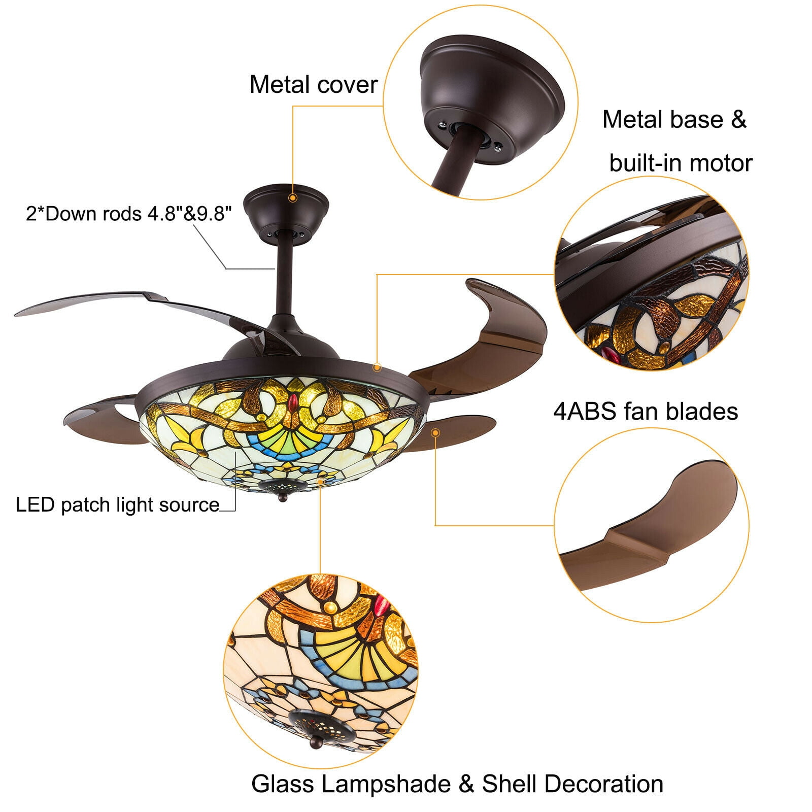 TFCFL 42 in Tiffany Ceiling Fan with LED Light and Retractable Blades (Multicolor, 42 in) or3w6