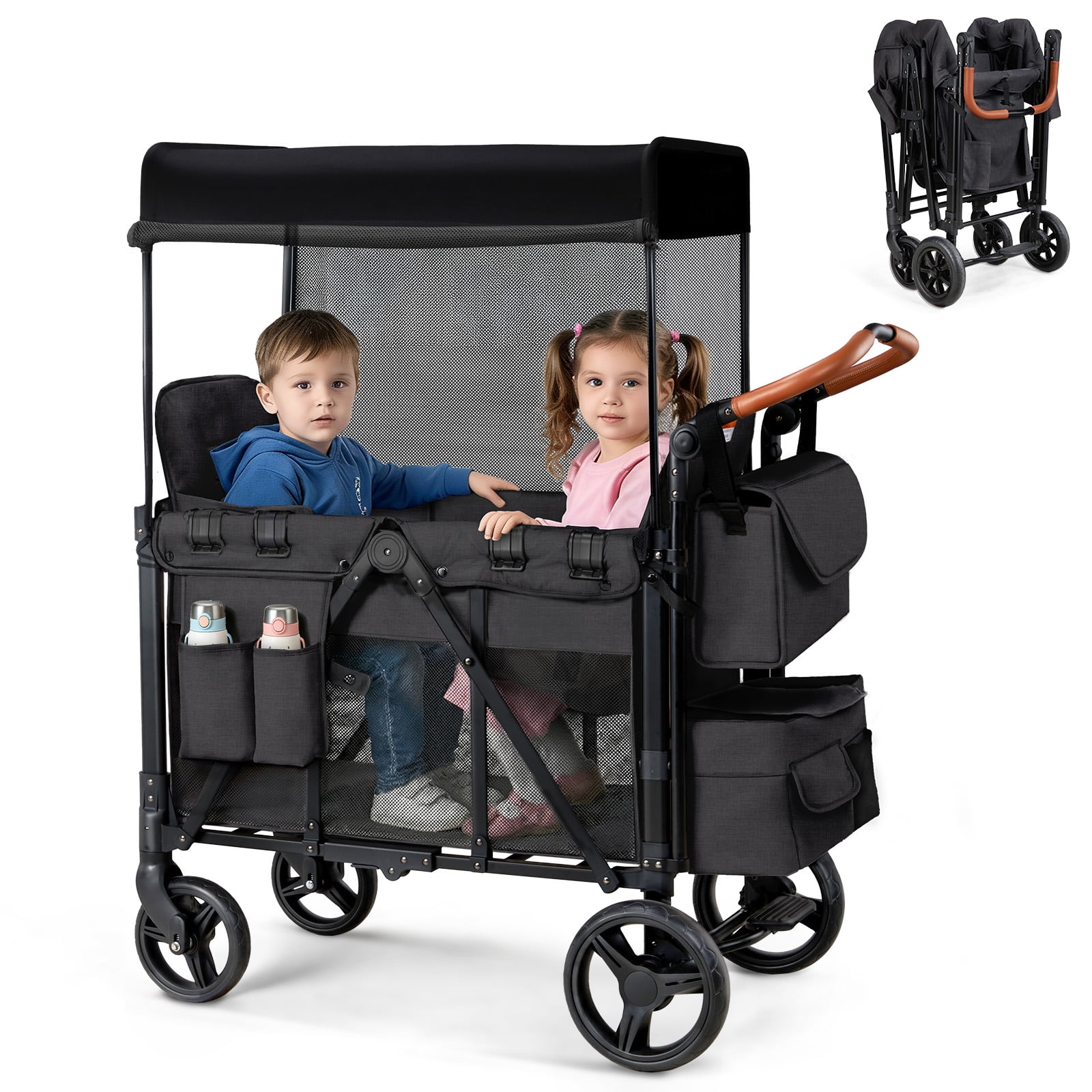 UBesGoo Foldable Wagon Stroller for 2 Kids, All-Terrain Push Wagon with Removable Canopy and Adjustable Handlebar (Black, 200 lb Capacity) tir3b