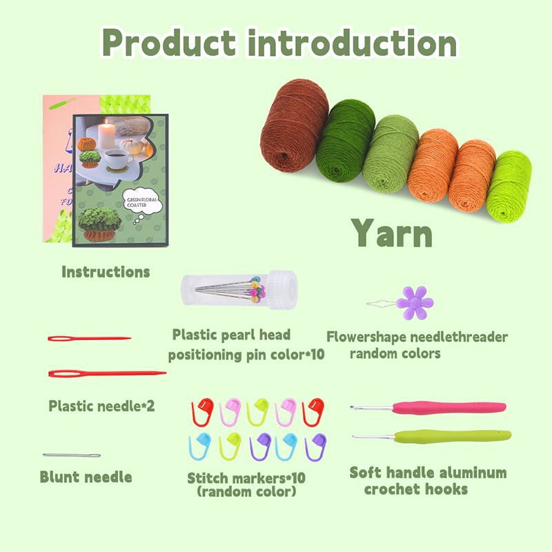 DIYCT Beginner Crochet Kit, Green Plant Coaster Craft Set with Step-by-Step Video Tutorials (Green, 1 Set) imogs